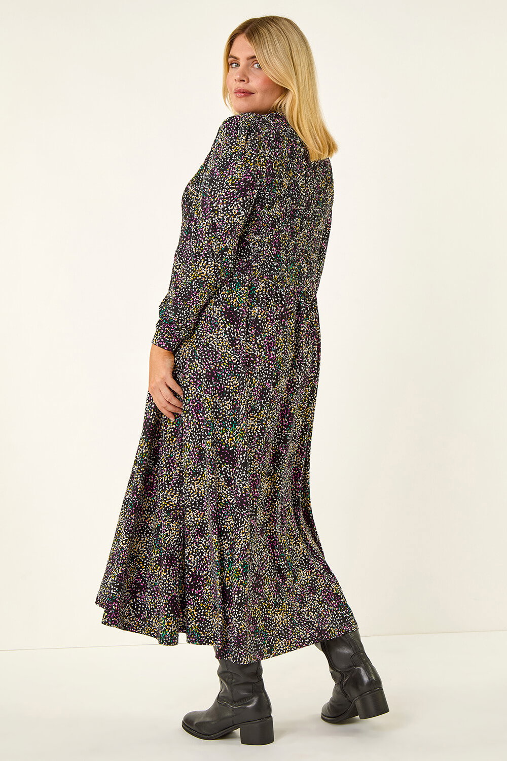 Purple Curve Abstract Print Shirred Midi Dress, Image 4 of 5