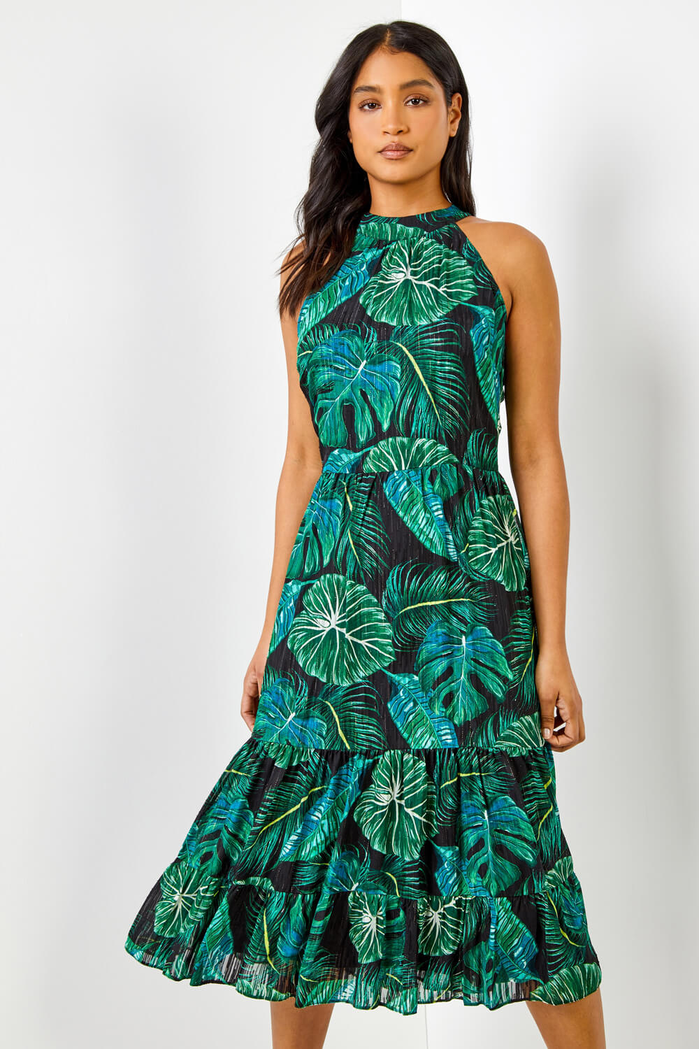 Green Textured Leaf Print Tiered Maxi Dress, Image 4 of 5