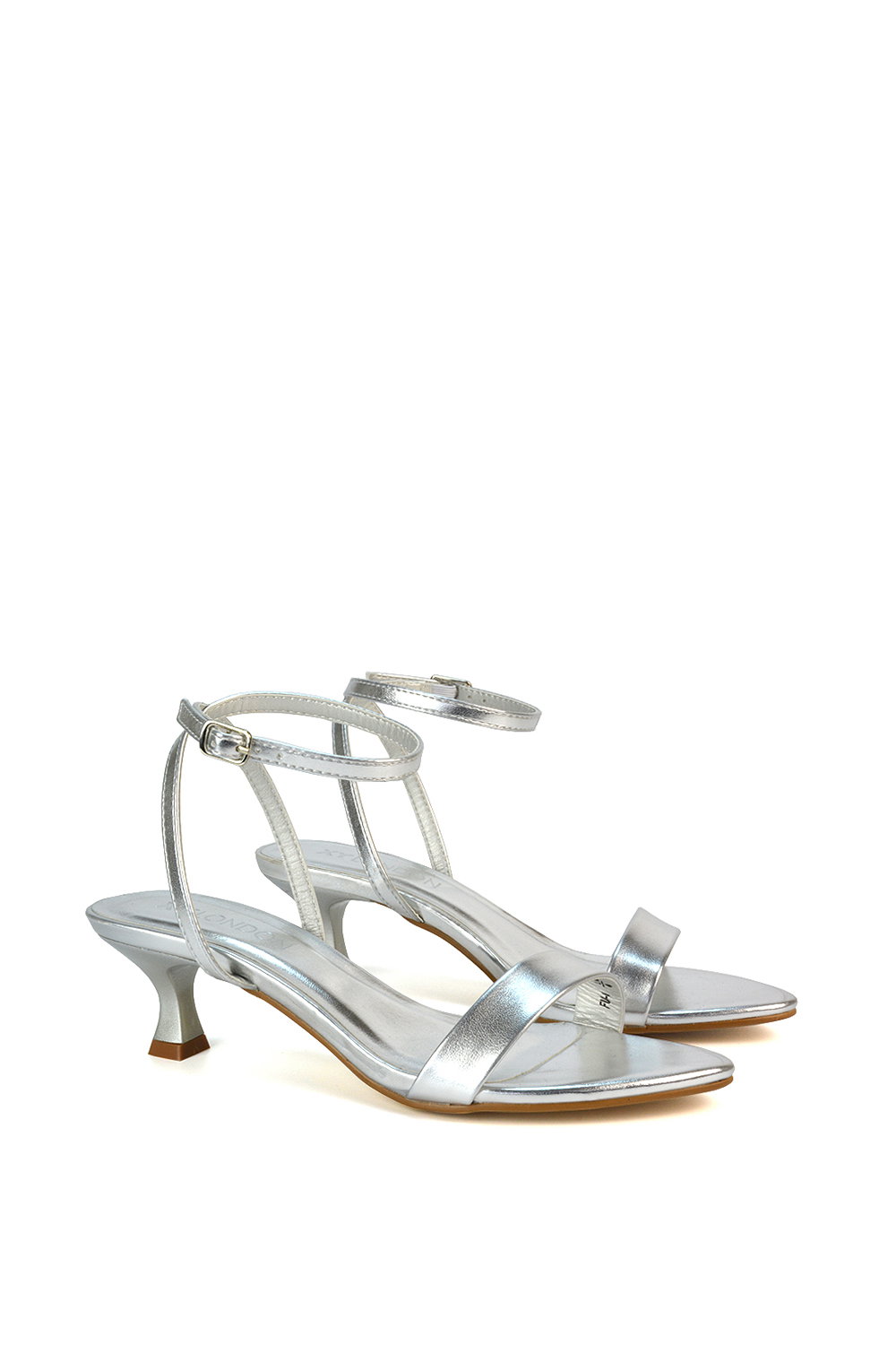 Silver XY LONDON Silver 'Antonia' Kitten Low Heel Strappy Sandal Two Part Heeled Shoes, Image 3 of 5