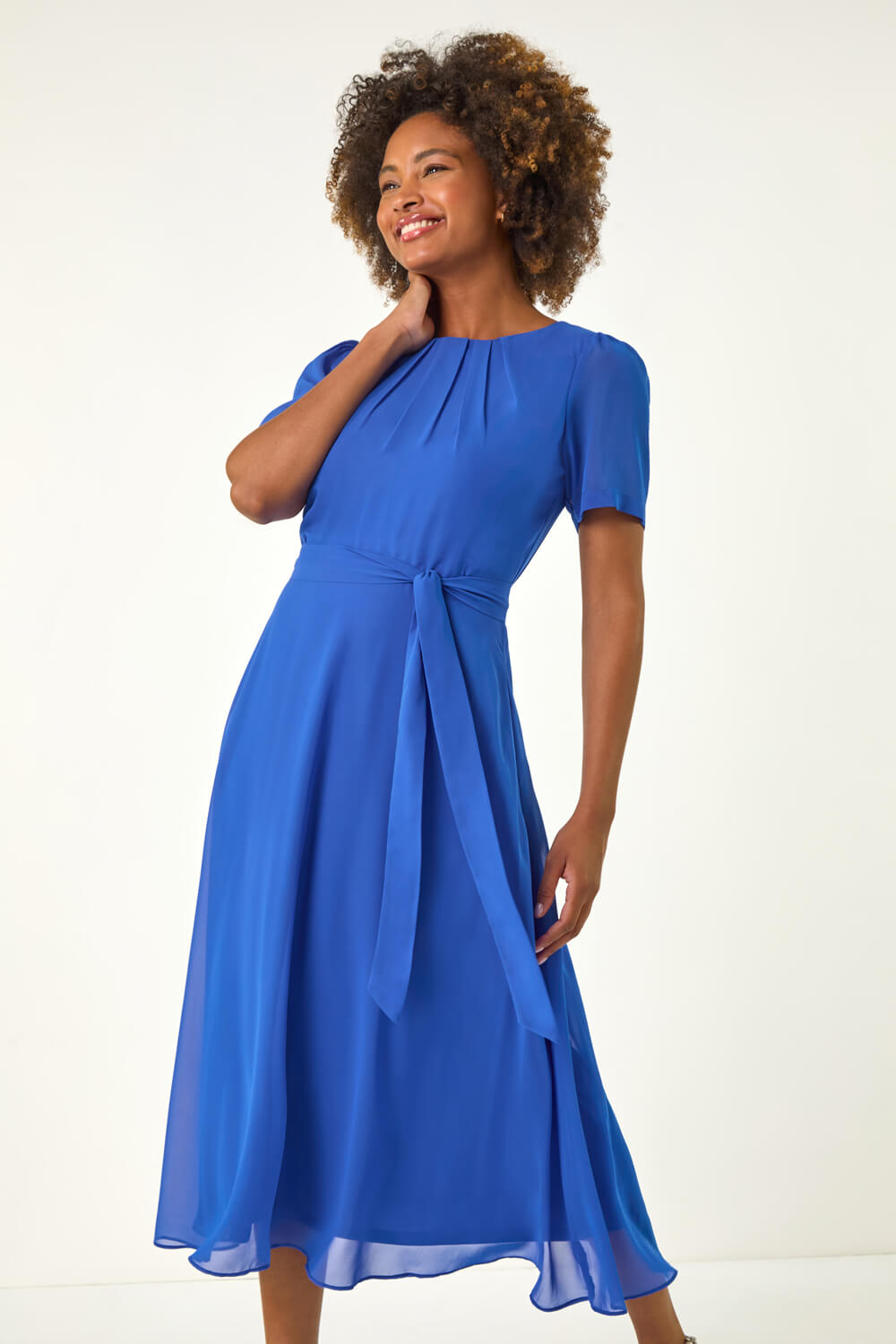 Sky Blue Pleated Chiffon Fit and Flare Party Dress