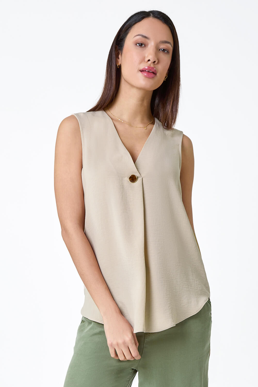 Camel Pleat Front Button Detail V-Neck Vest, Image 1 of 6