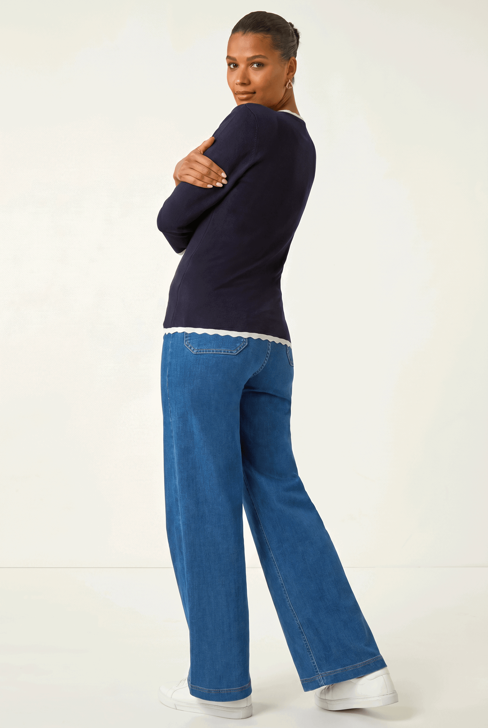 Navy Scallop Neck Button Knit Jumper, Image 6 of 5