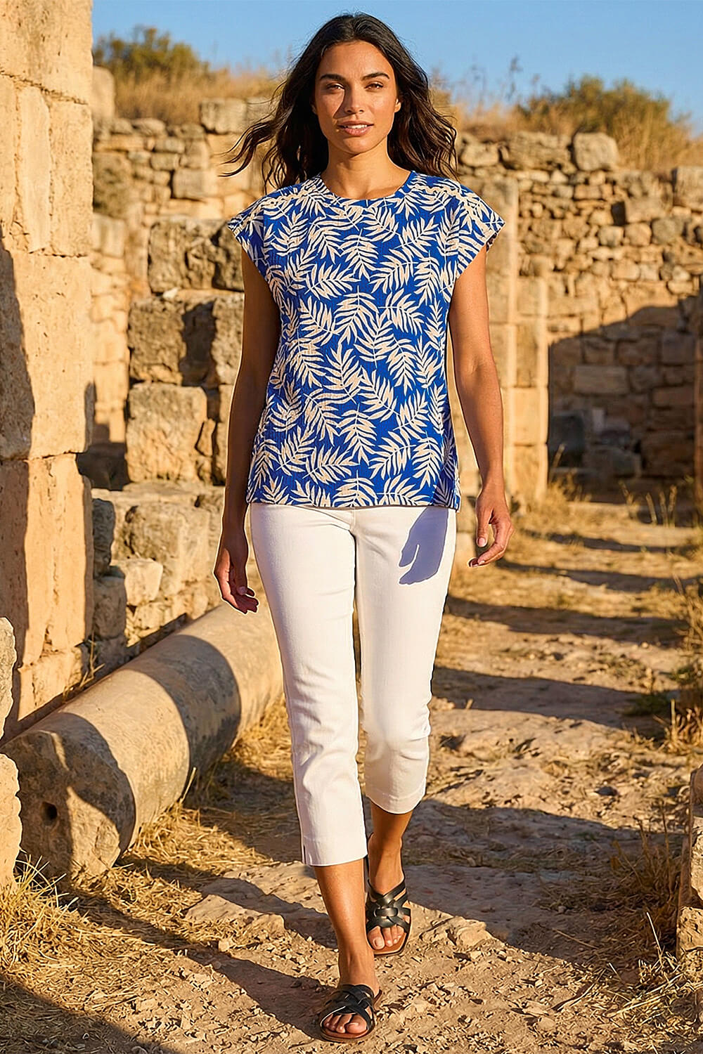 Blue Textured Floral Print Stretch Top, Image 3 of 4