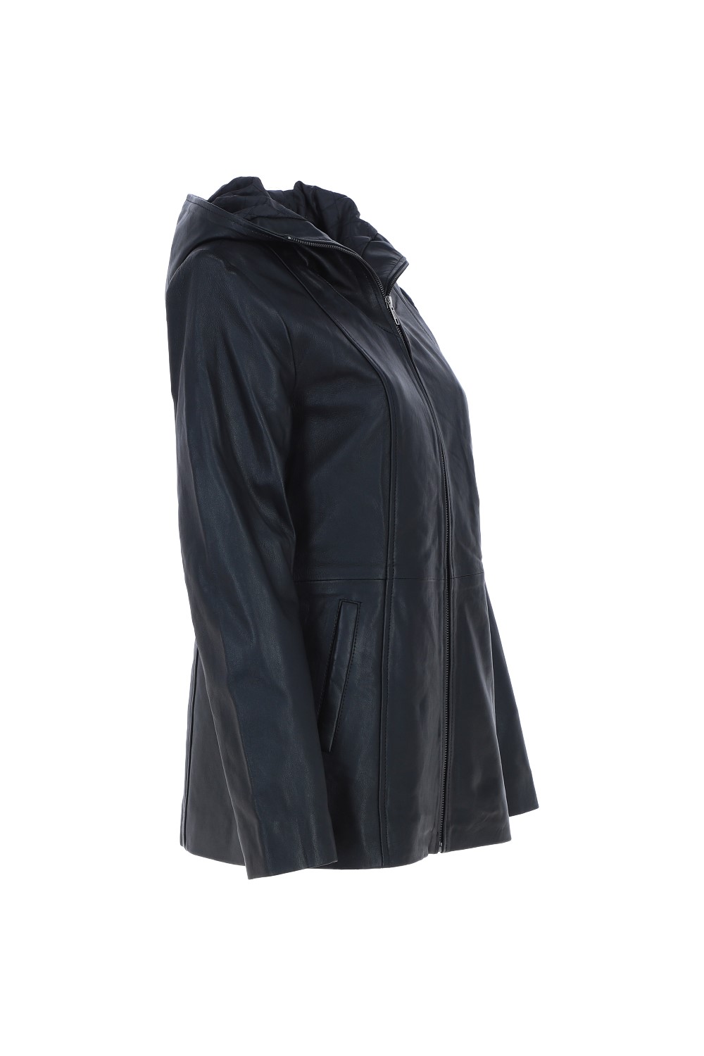 Black Real Leather Hooded Jacket with Fleece Lining, Image 5 of 6