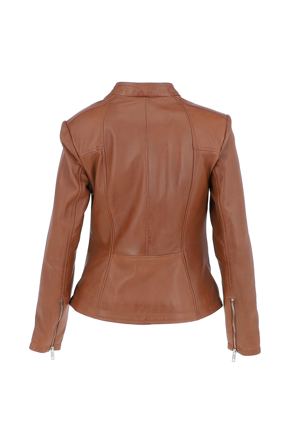 Tan 'Chiara' Mandarin Collar Real Leather Biker Jacket, Image 4 of 5