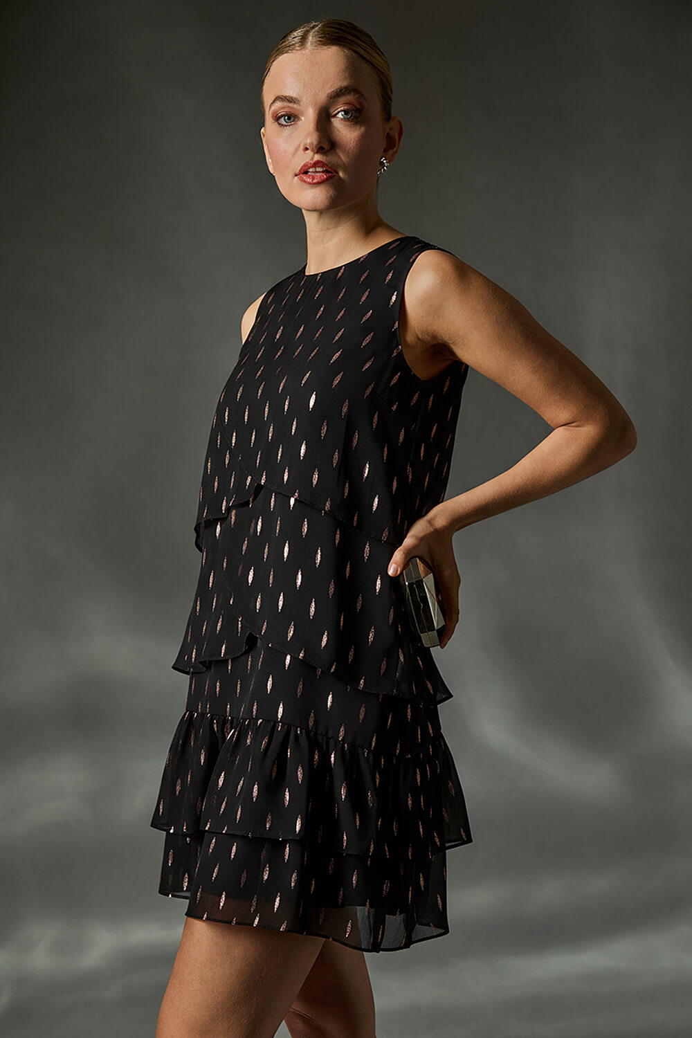 Black Shimmer Foil Print Tiered Dress, Image 1 of 6