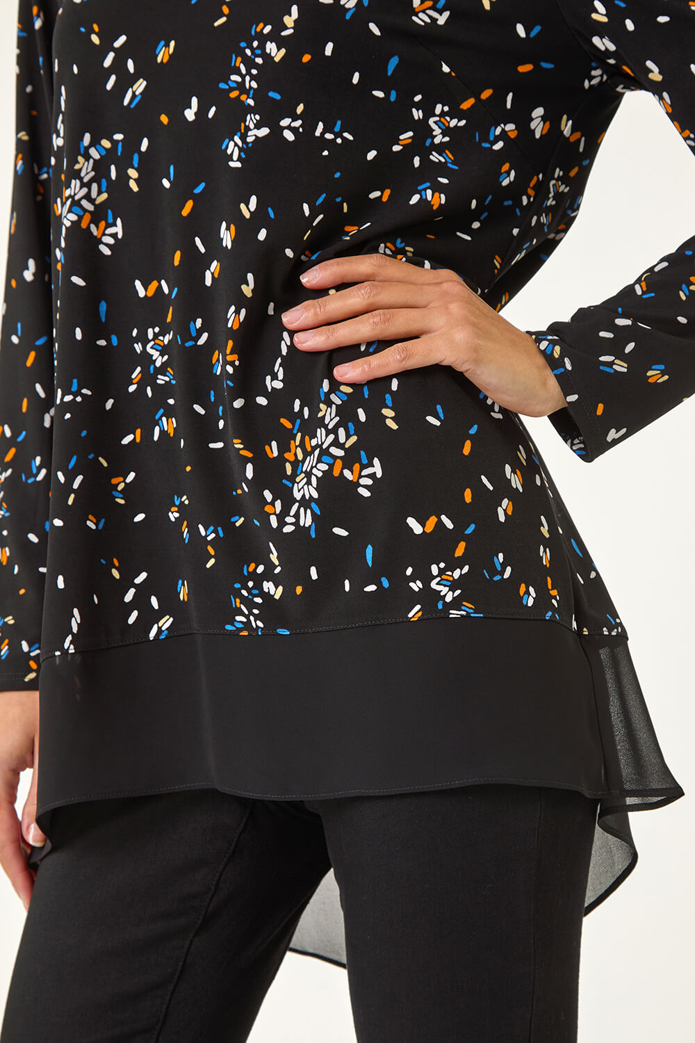 Black Abstract Print V-Neck Tunic Top, Image 6 of 5