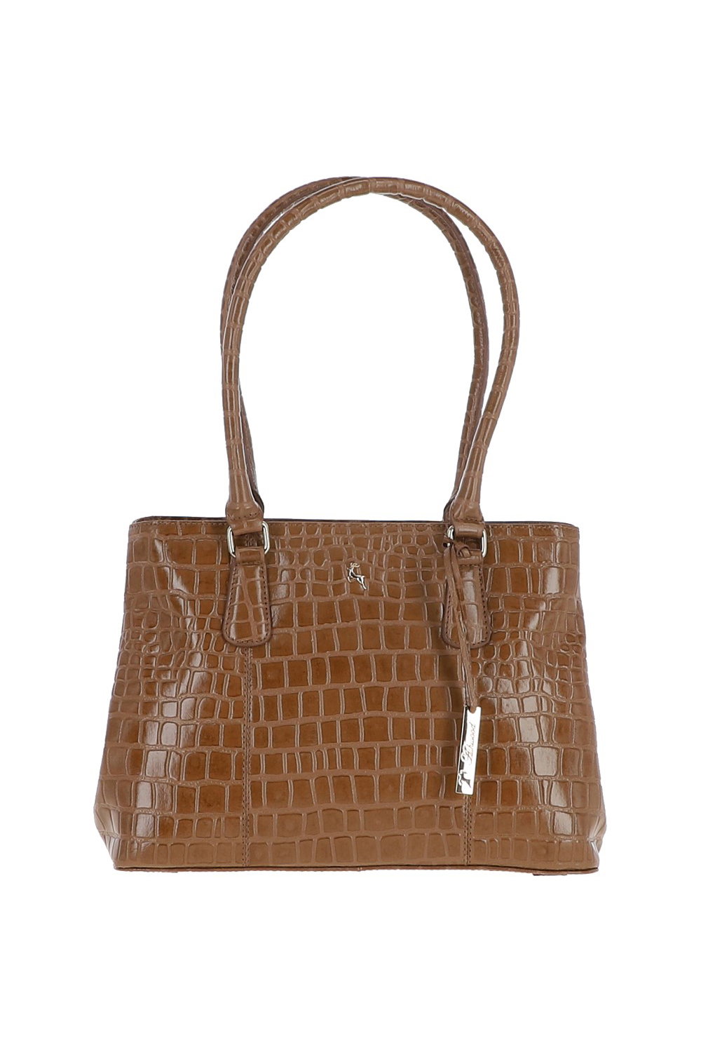 Tan Croc Print Real Leather Two Section With Mid Purse Bag, Image 1 of 3