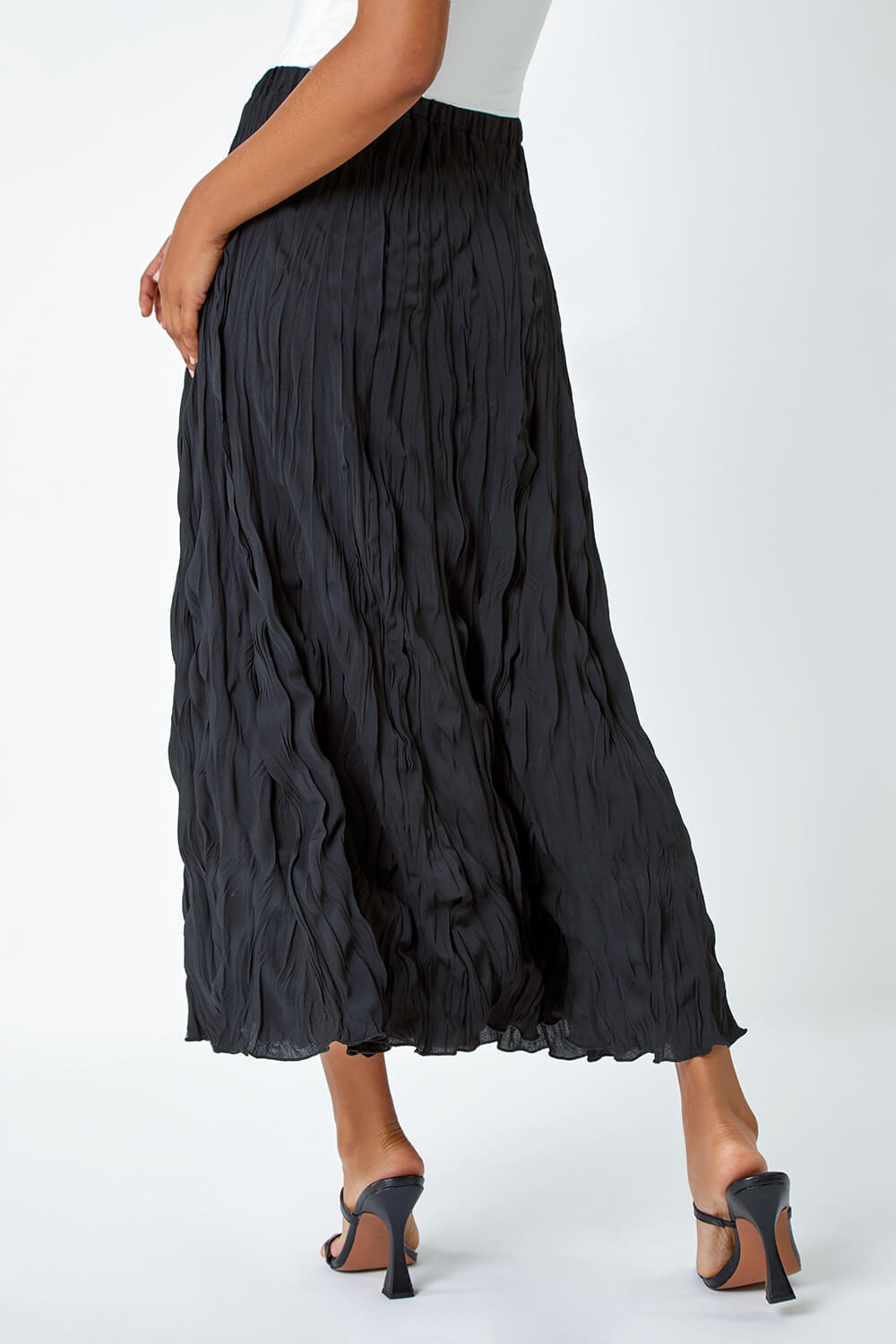 Black Crinkle Textured Elastic Waist A Line Midi Skirt, Image 4 of 5