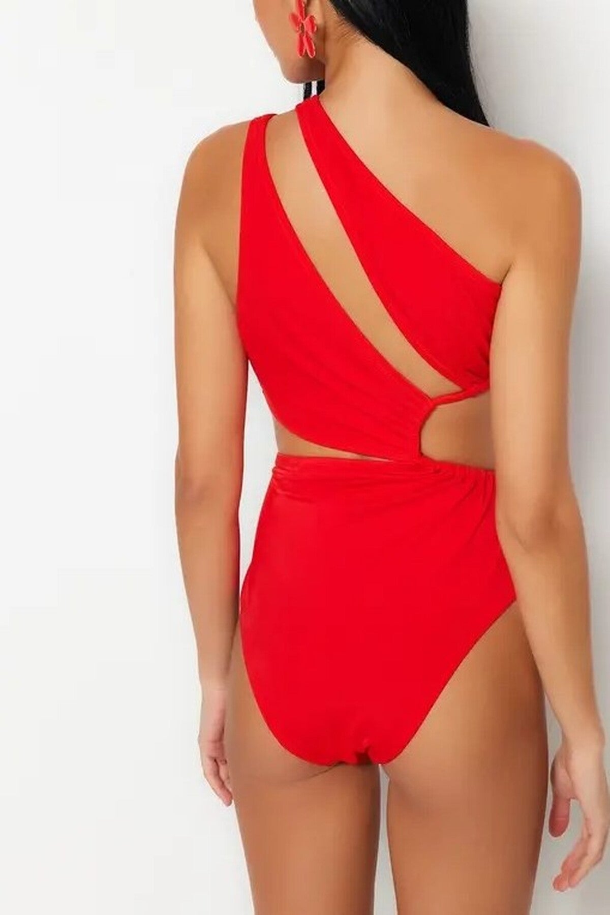 Red One Shoulder Cut Out Detail Swimsuit, Image 3 of 3
