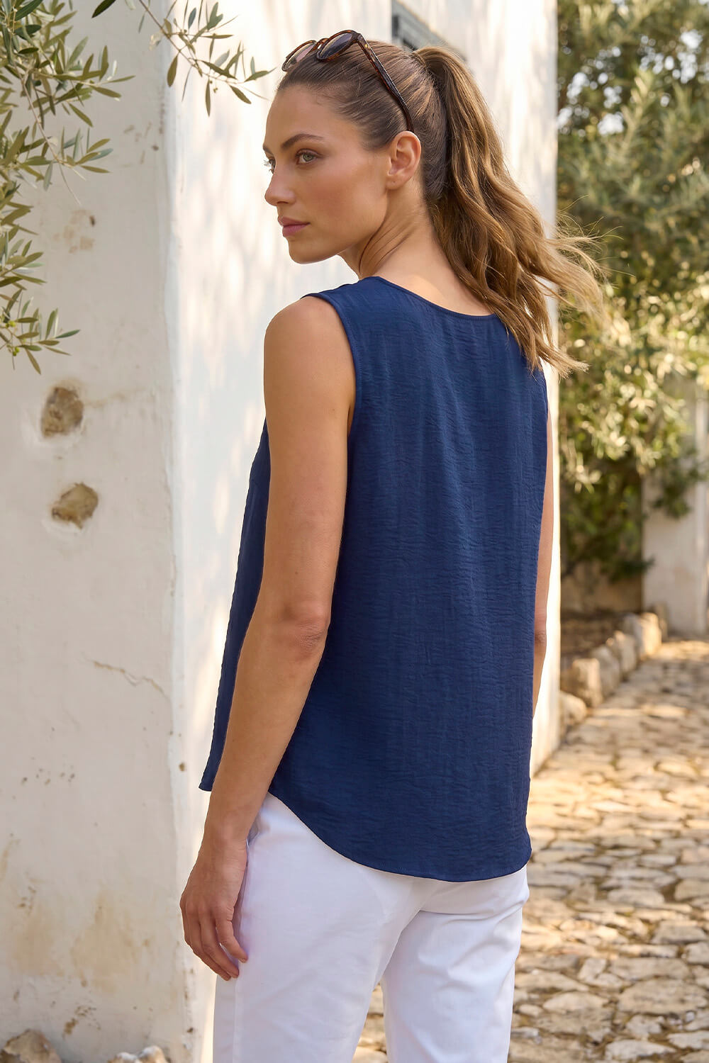 Navy Petite V-Neck Front Button Blouse, Image 3 of 4