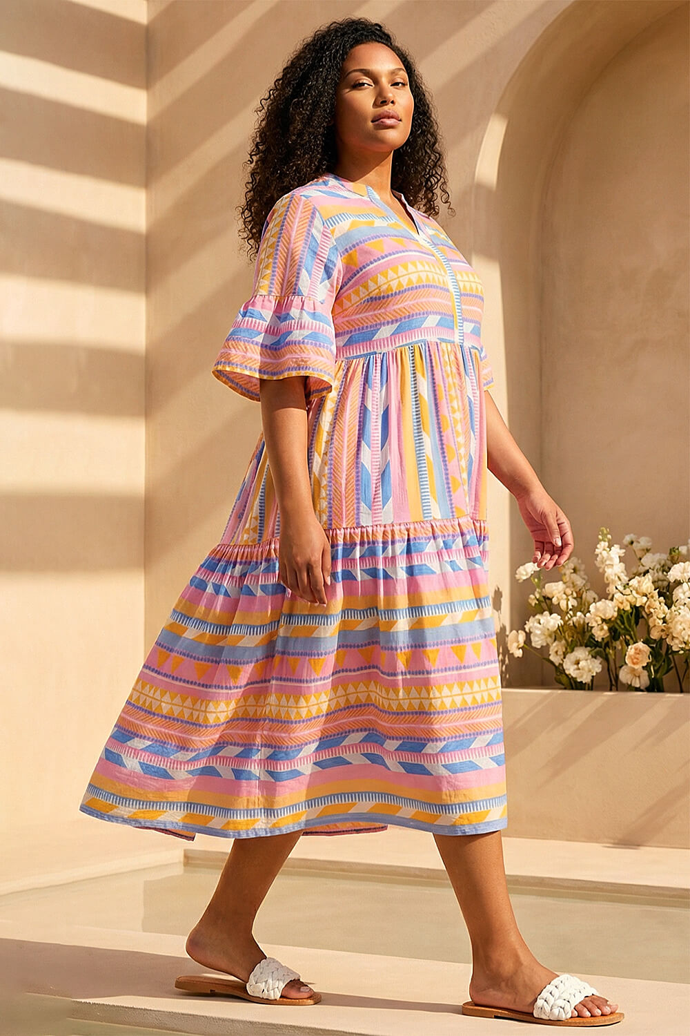 Yellow Curve Stripe Print Boho Tiered Dress, Image 3 of 4