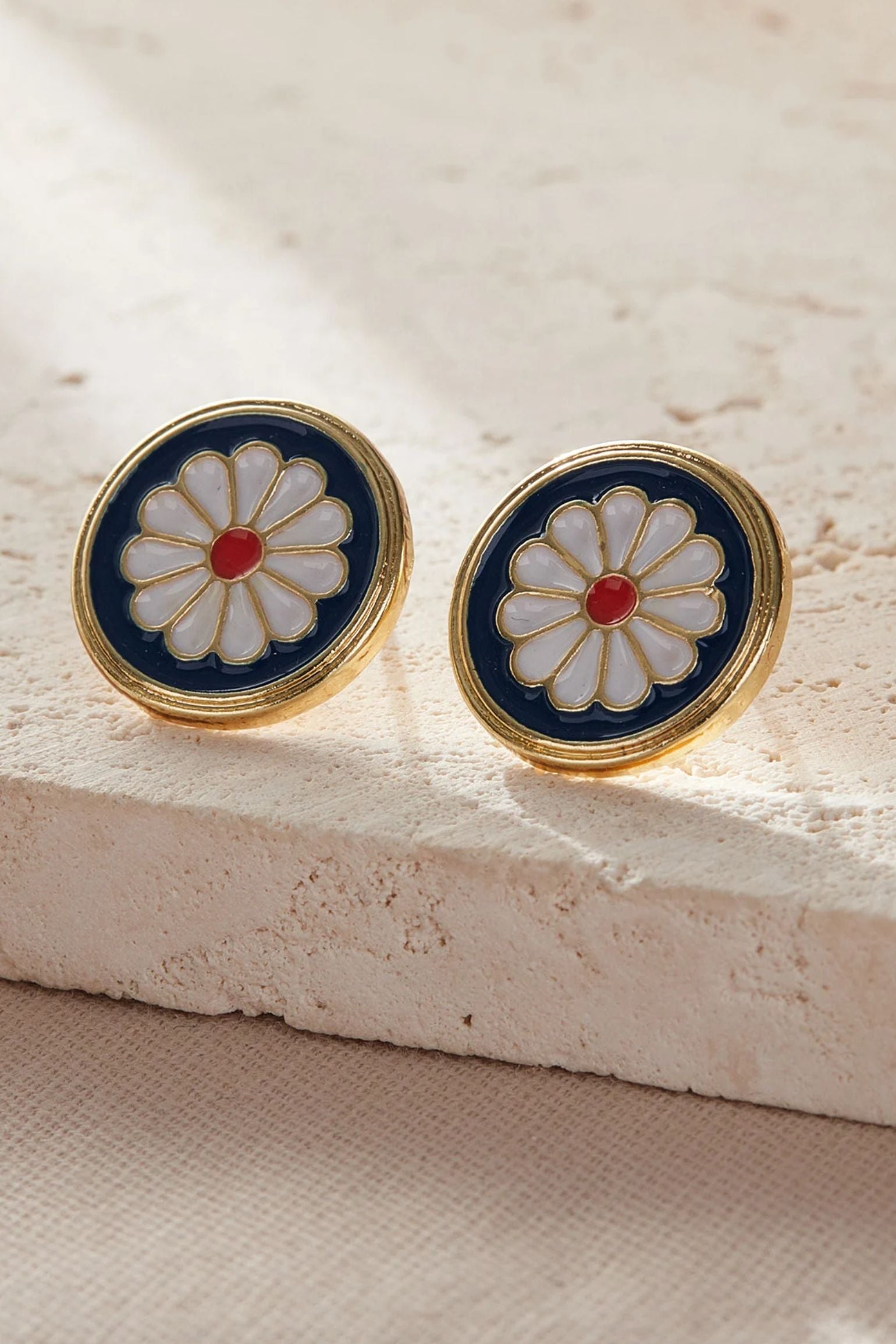 Blue Round Enamel Daisy Studs, Image 1 of 3