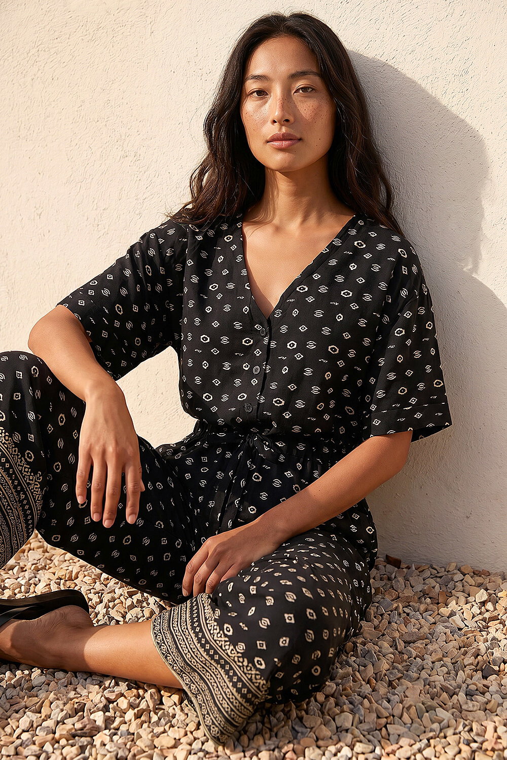 Black Petite Border Print Cropped Jumpsuit, Image 1 of 4