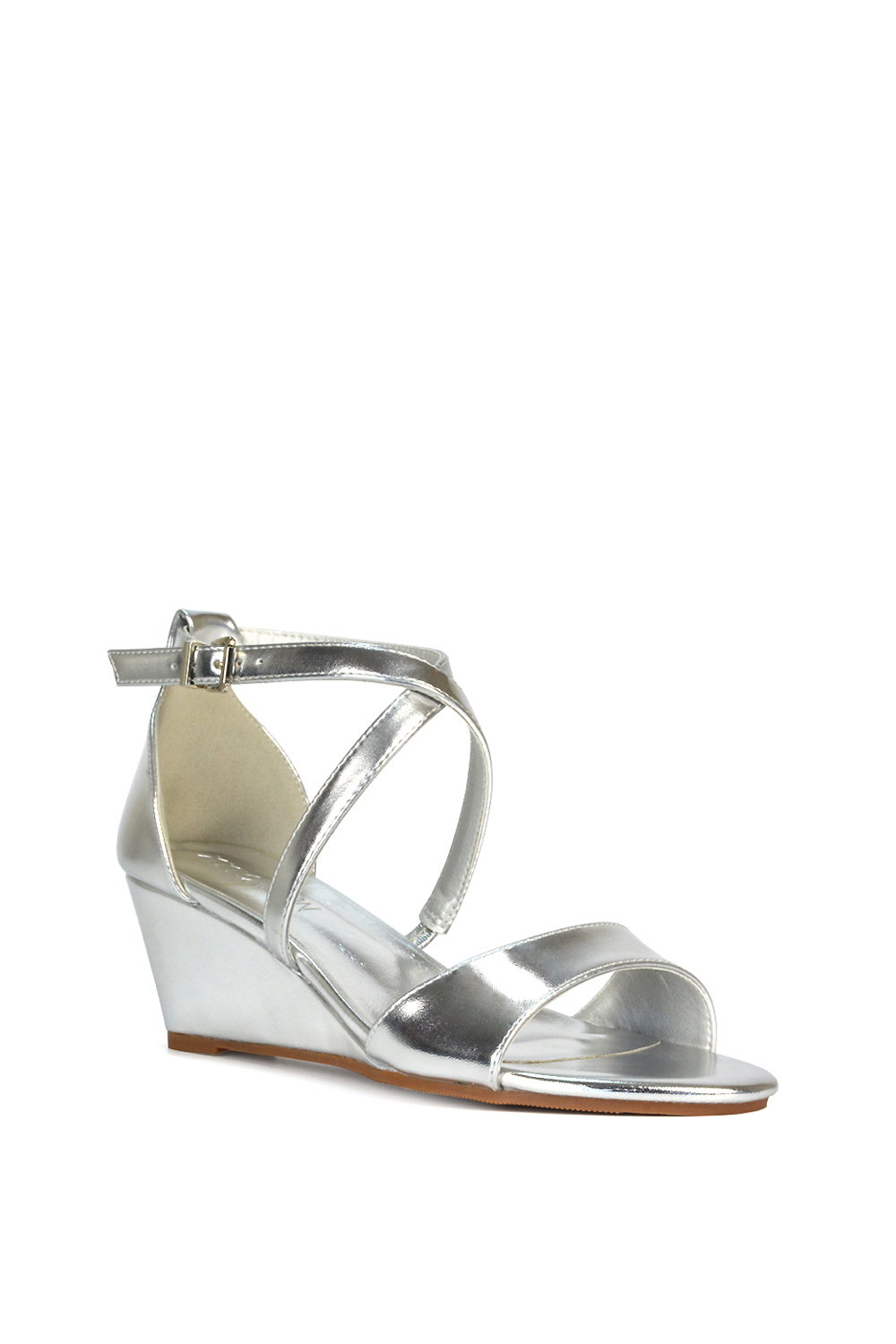 Silver XY LONDON Silver 'Kylie' Strappy Sandal Wedge Heels With Ankle Strap, Image 2 of 6