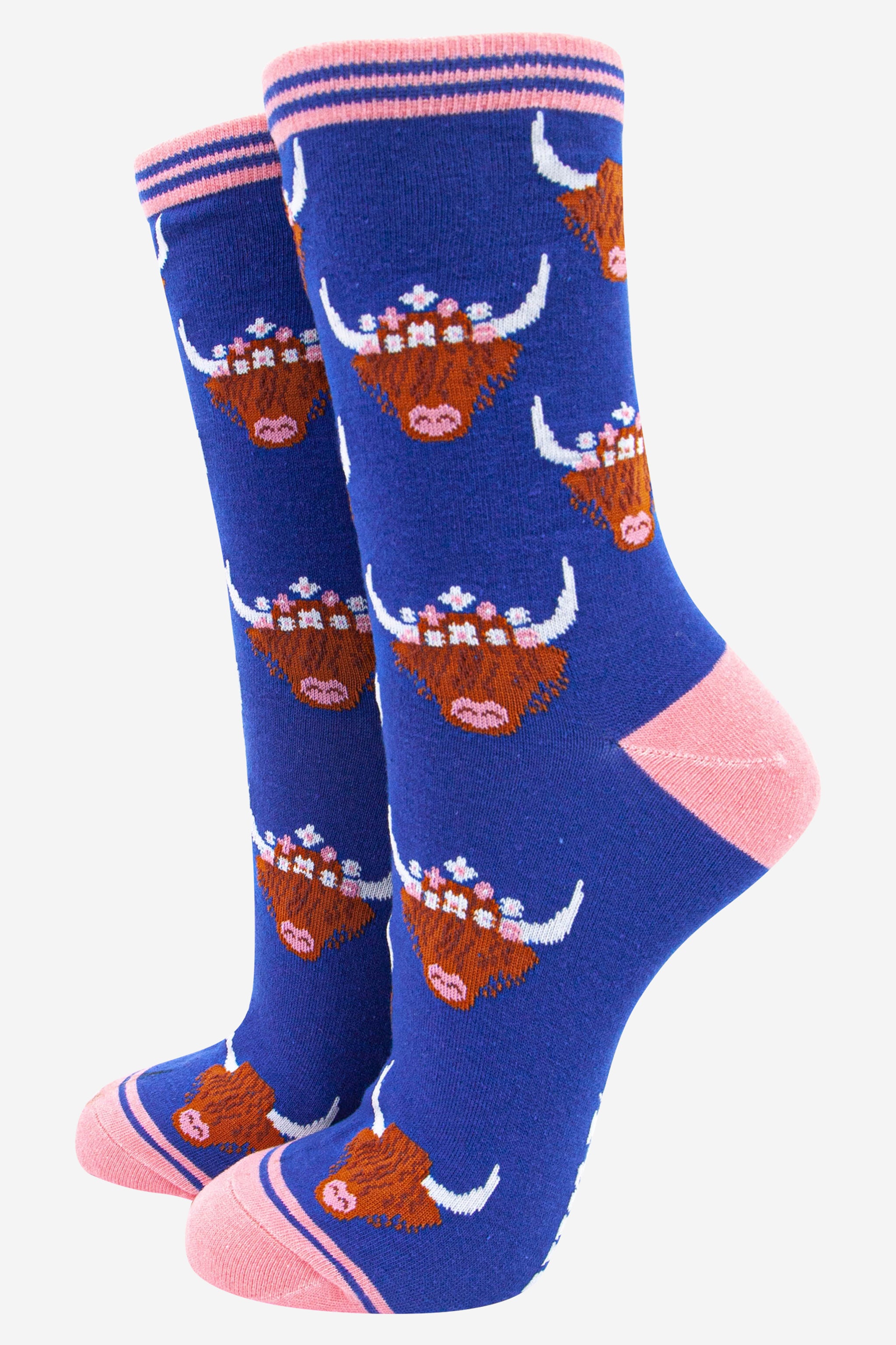 Blue Highland Cow Floral Crowns Bamboo Socks, Image 1 of 1