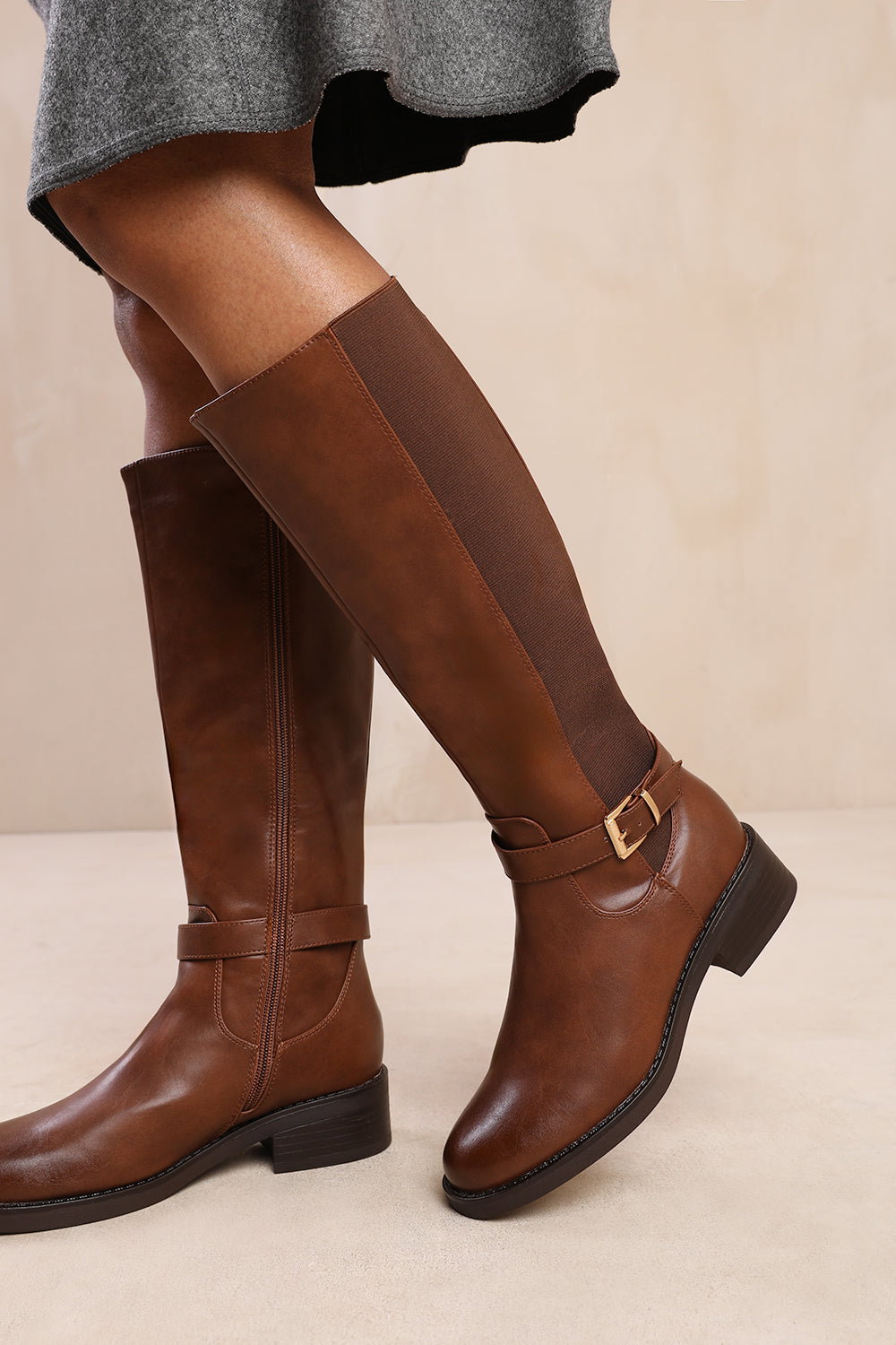 Brown 'Bode' Knee High Boots With Buckle Detail, Image 1 of 4
