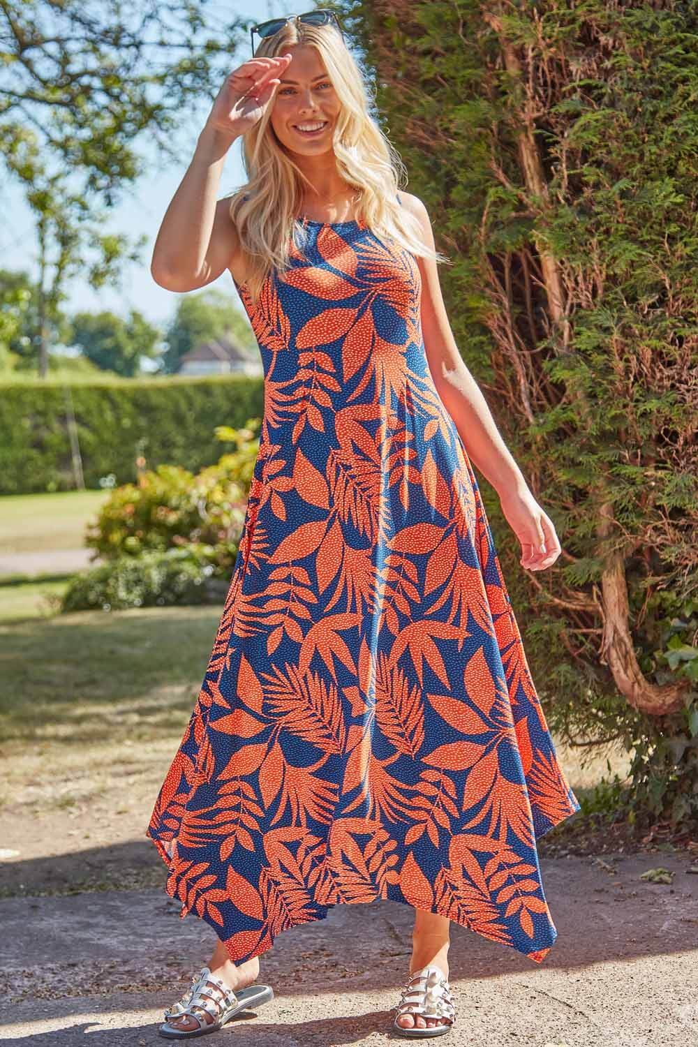 Orange Tropical Hanky Hem Midi Dress, Image 4 of 4