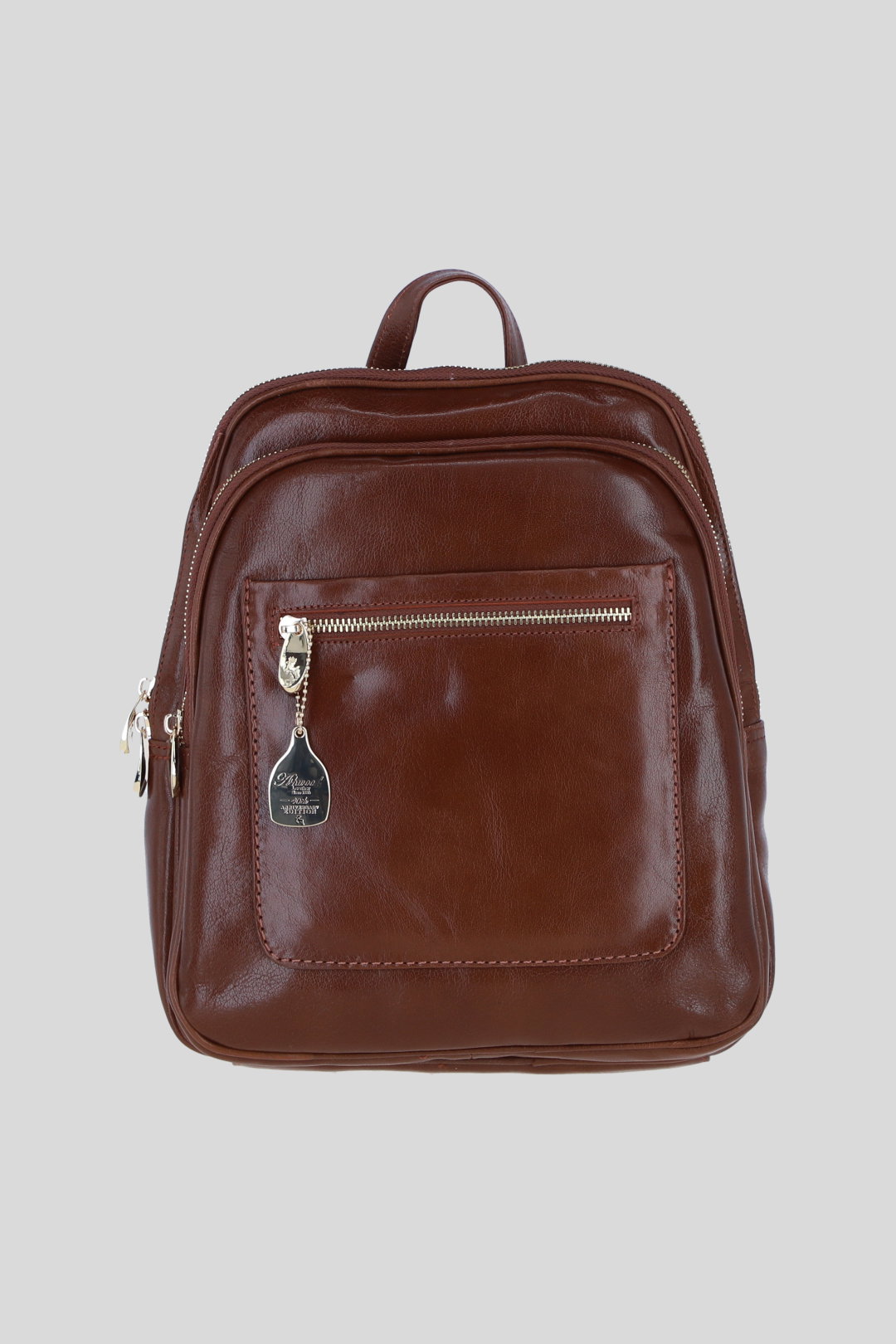 Tan Real Leather Backpack with Multiple Pockets and Gold-Tone Hardware, Image 1 of 4