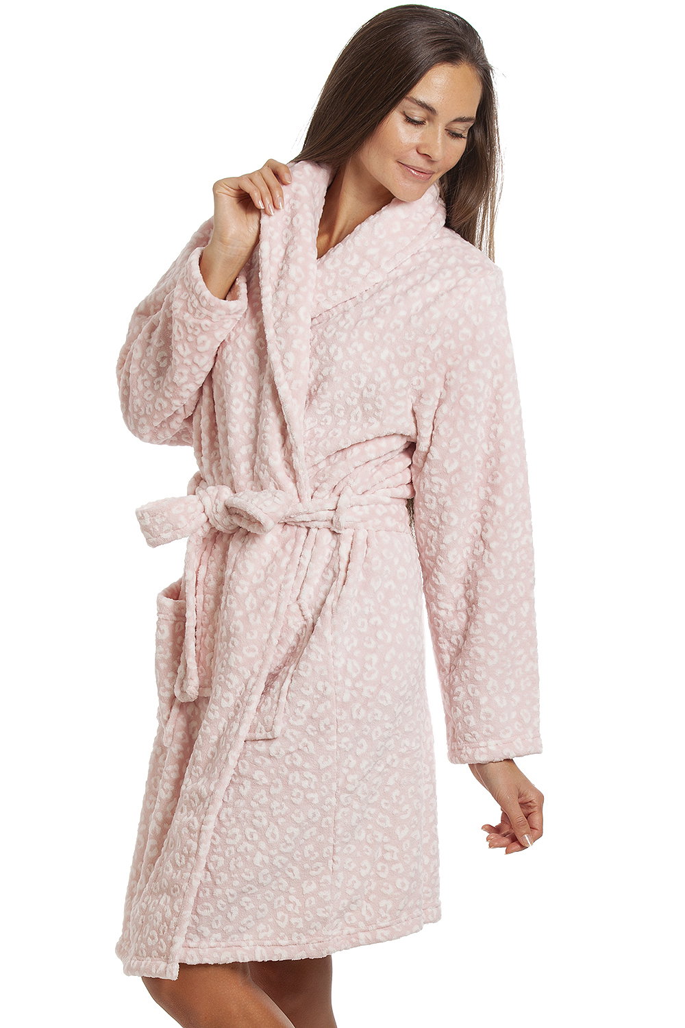 Light Pink Supersoft Shawl Collared Leopard Print Bathrobe, Image 2 of 5