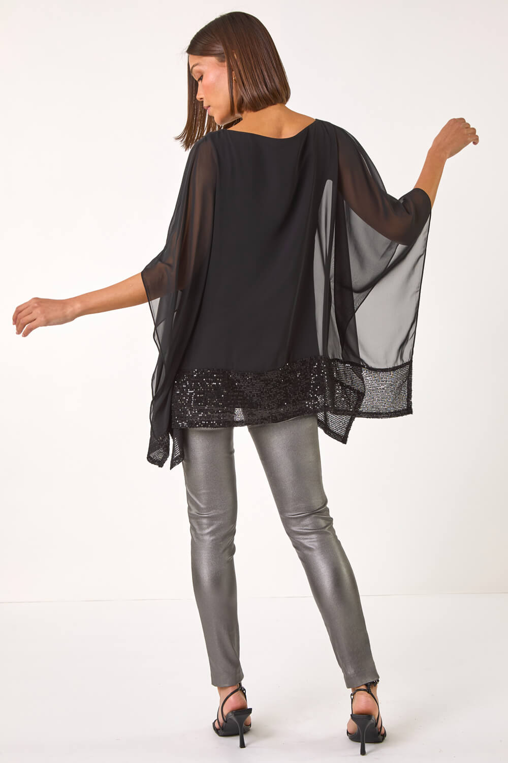Black Sequin Hem Contrast Tunic Top, Image 4 of 5