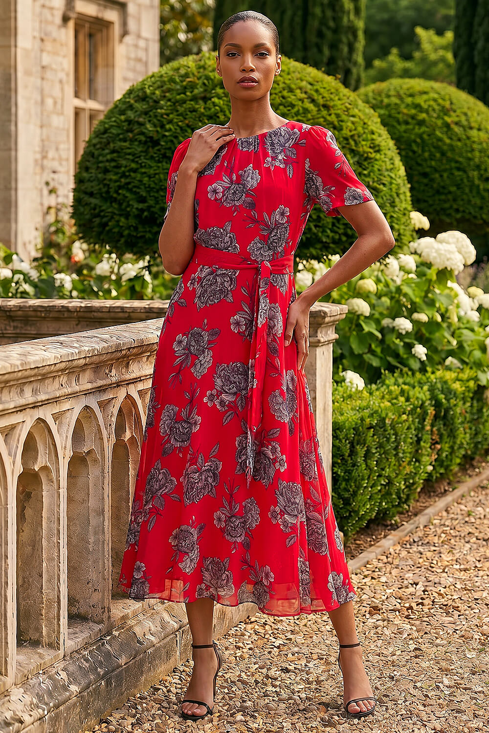 Roman Women's Red Floral Print Pleat Neck Midi Dress Size 14