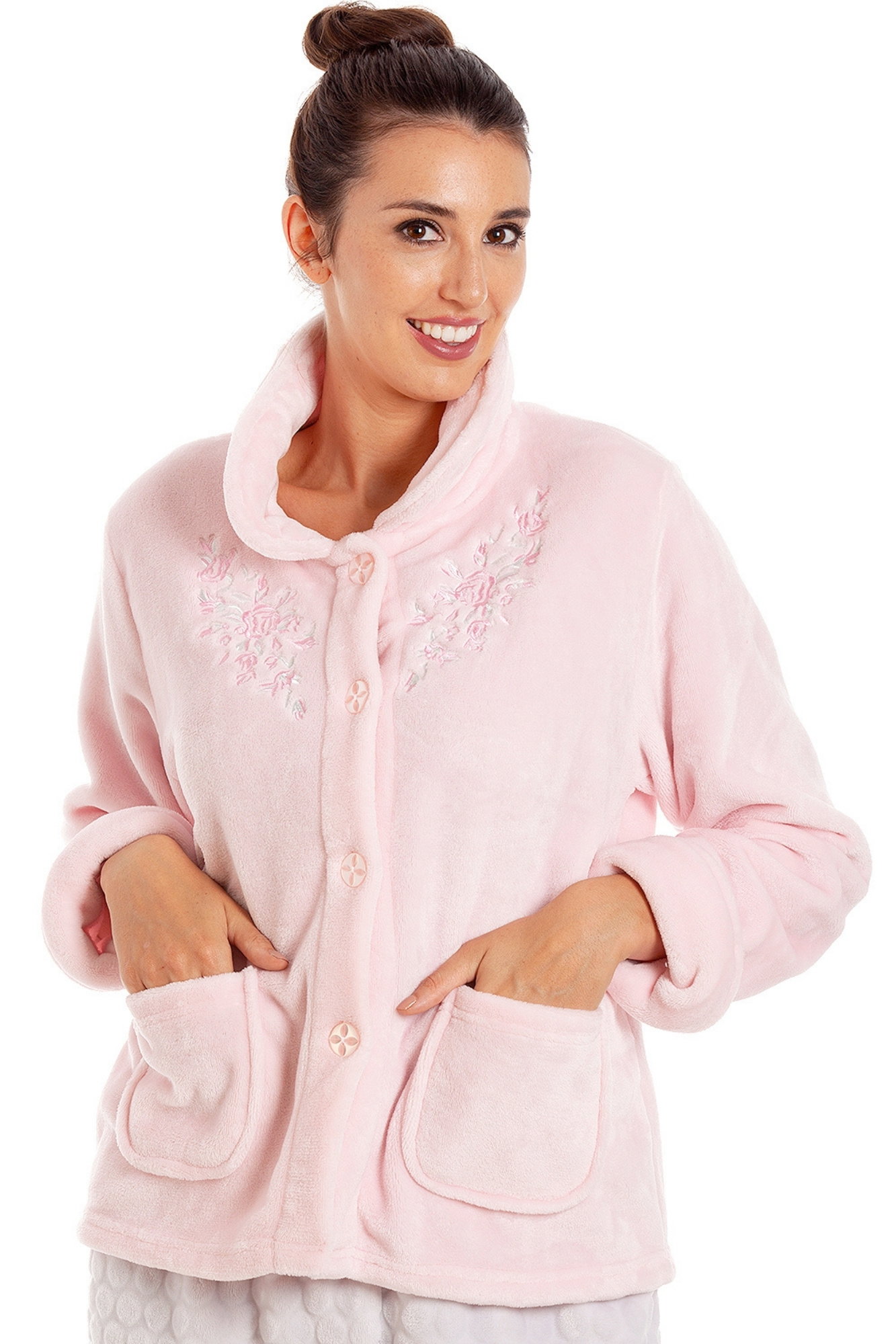 Pink Camille Lingerie Pink Classic Button Bed Jacket, Image 2 of 7