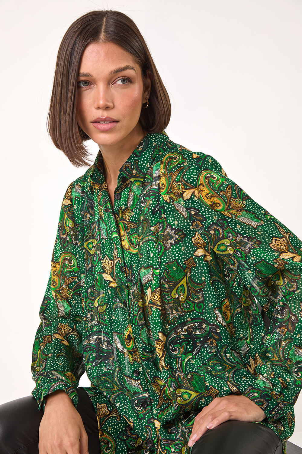 Emerald Paisley Print Pleated Blouse, Image 1 of 5