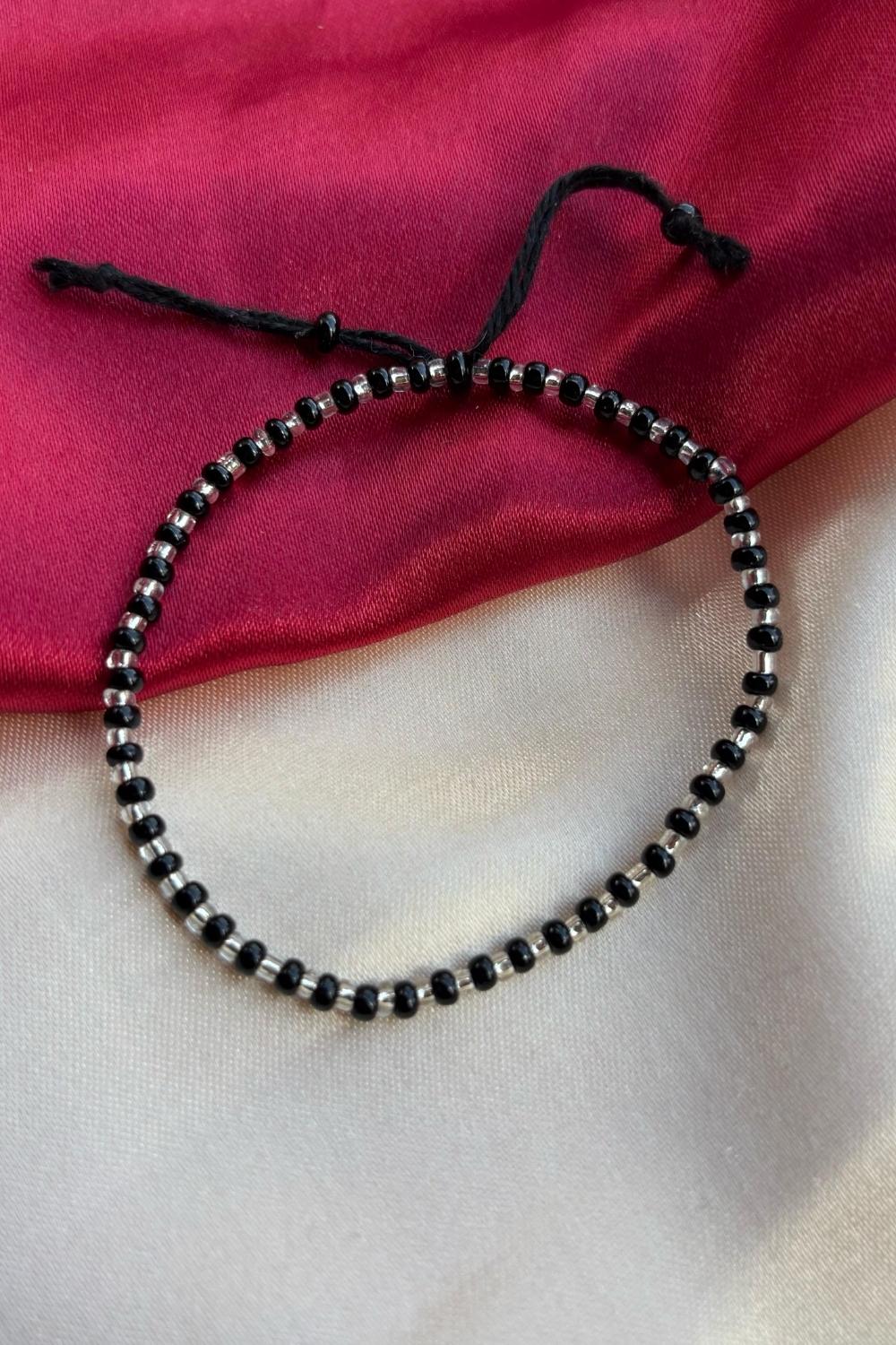 Silver Adjustable Black Beads Nazar Bracelet, Image 3 of 3