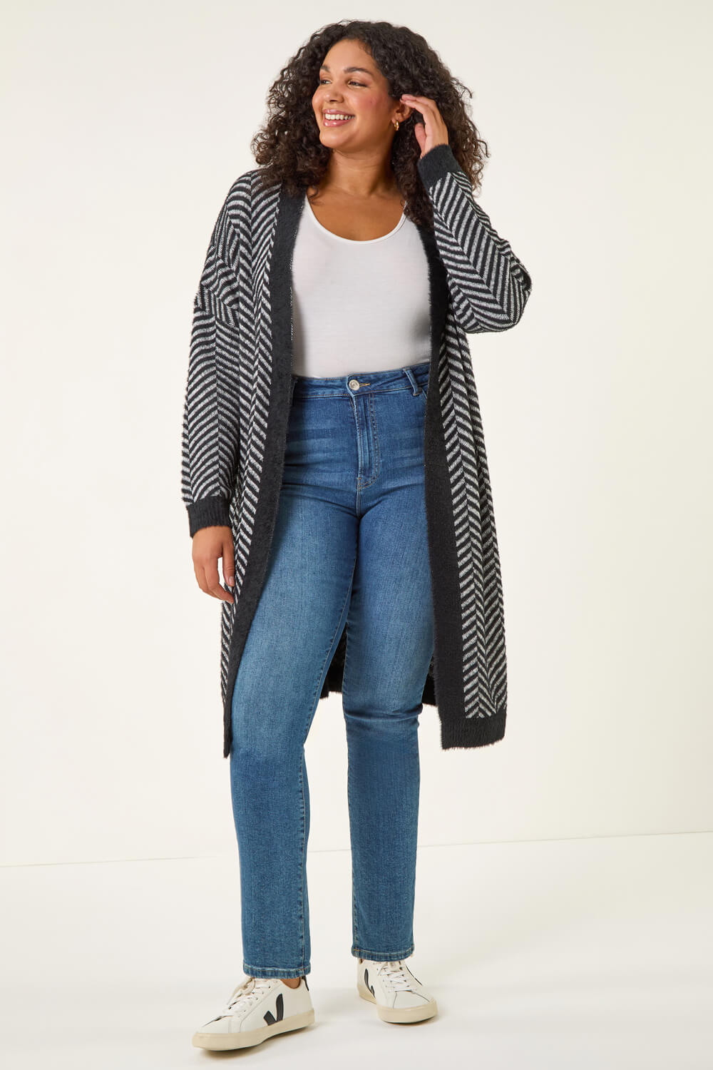 Black Curve Chevron Fluffy Knit Cardigan, Image 3 of 5