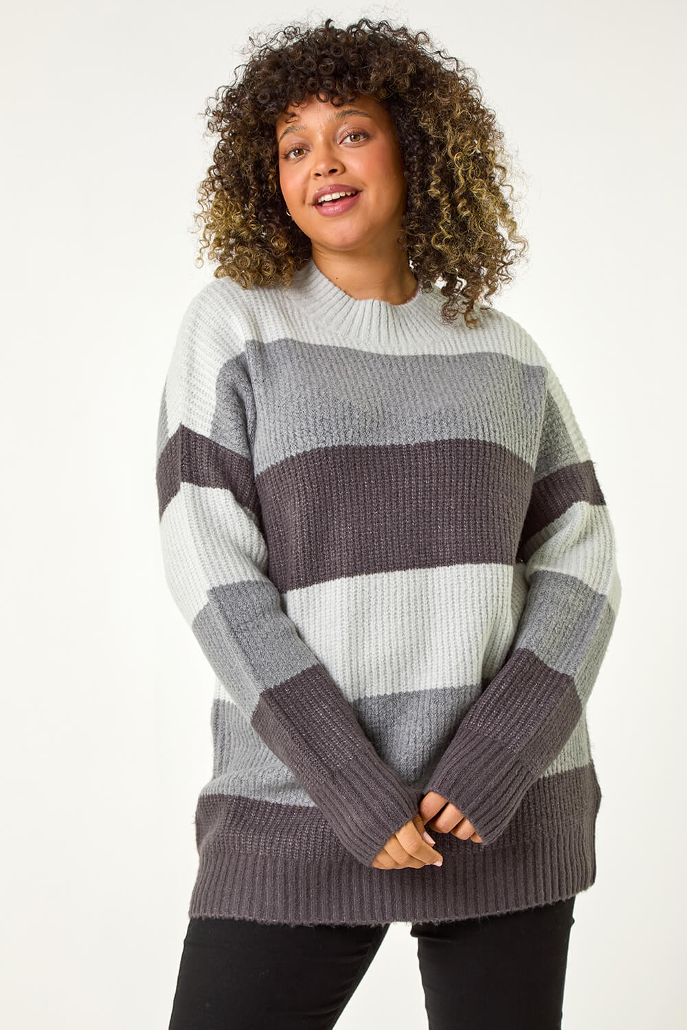 Grey Curve Colour Block Stripe Knit Jumper, Image 5 of 5