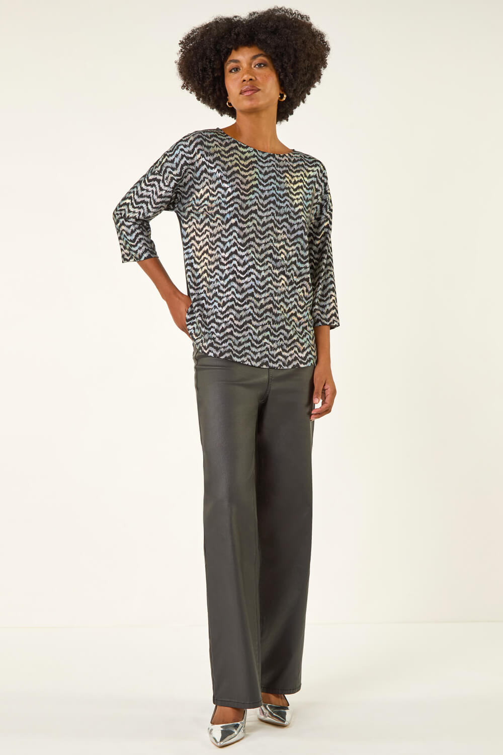 Silver Metallic Print Stretch Top, Image 4 of 5