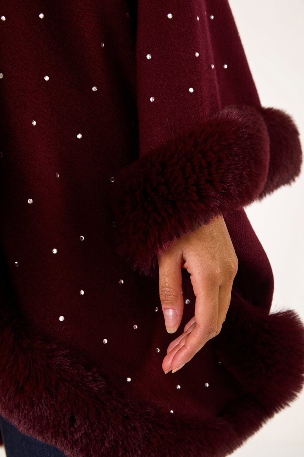 Wine Sparkly Faux Fur Trim Cape, Image 6 of 5
