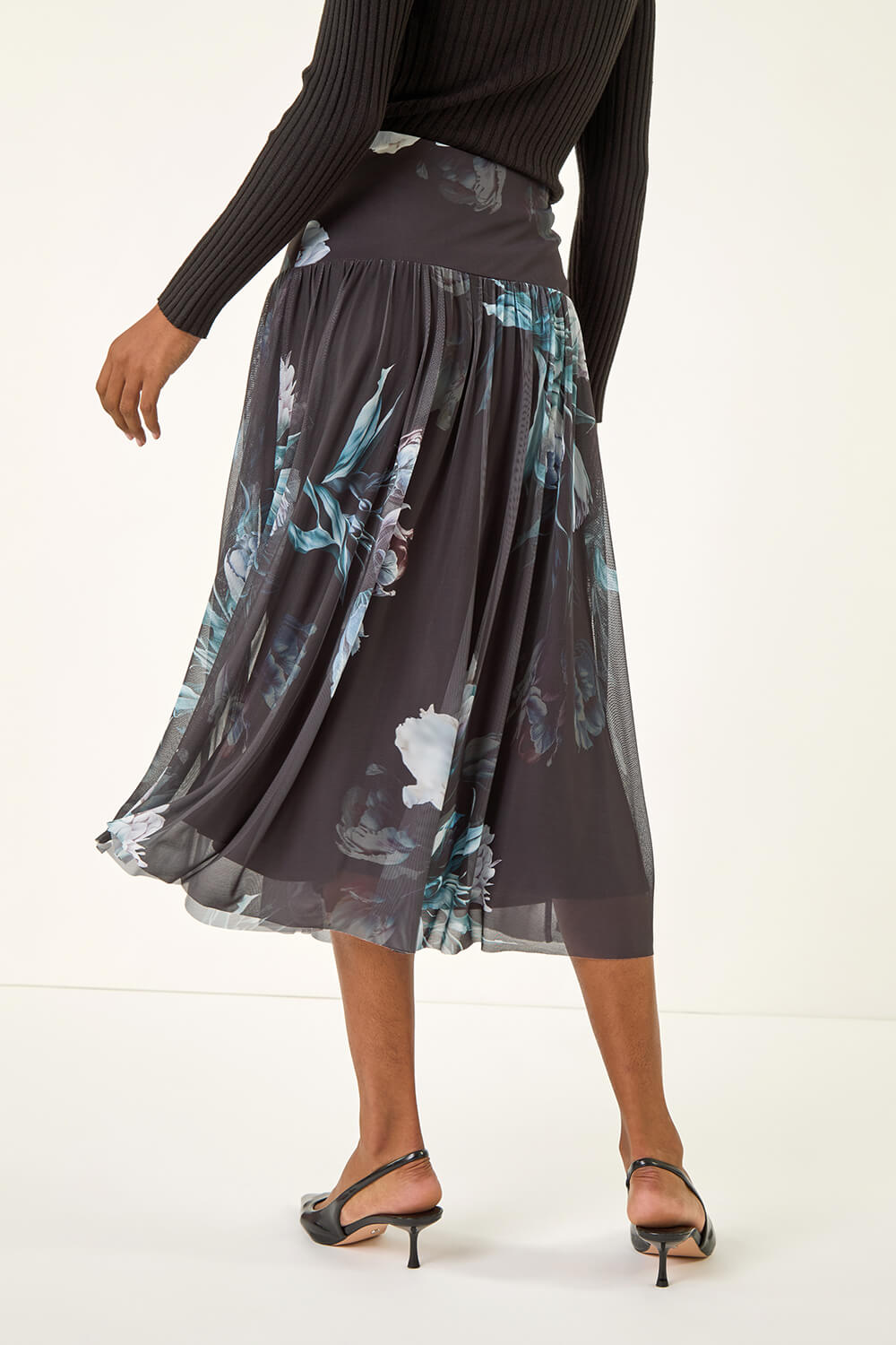 Black Floral Print Mesh Layered Skirt, Image 5 of 5