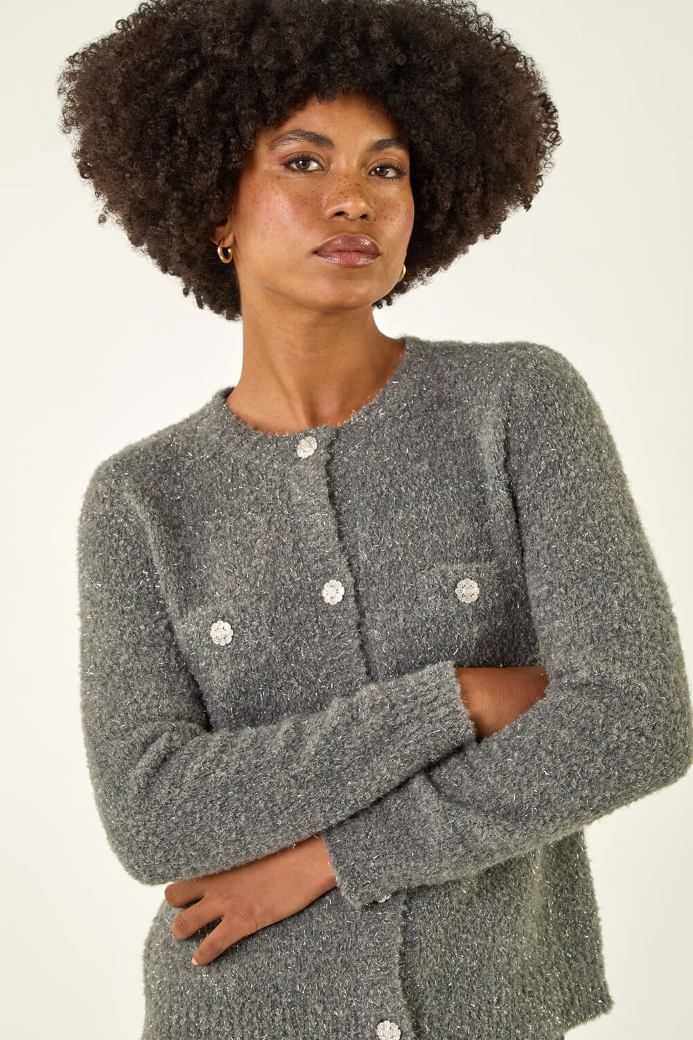 Grey Fluffy Sparkly Button Cardigan , Image 5 of 5
