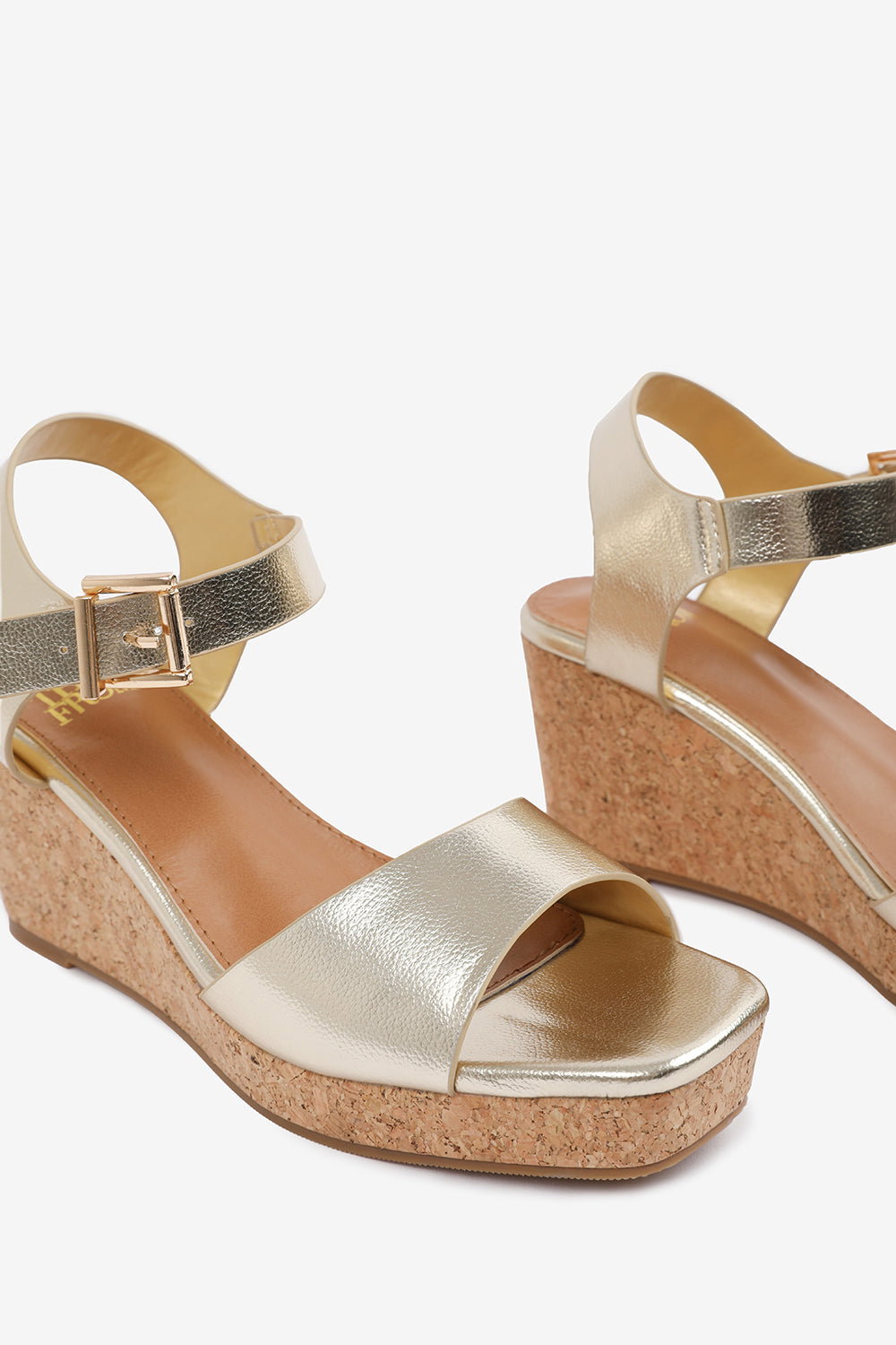 Gold Imelda Wedge Sandals With Buckle Ankle Strap, Image 4 of 5