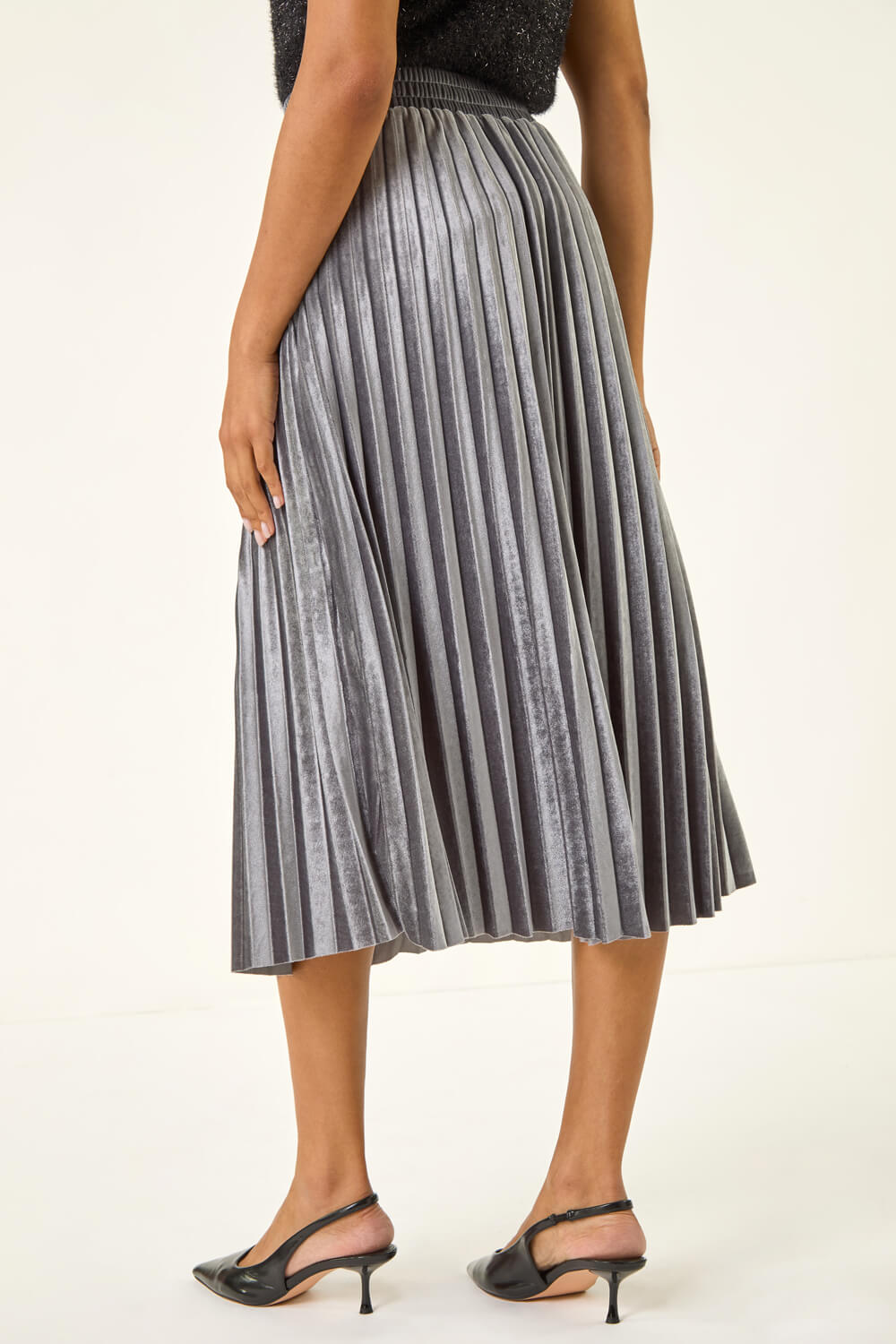 Silver Velvet Pleated Midi Skirt, Image 5 of 7