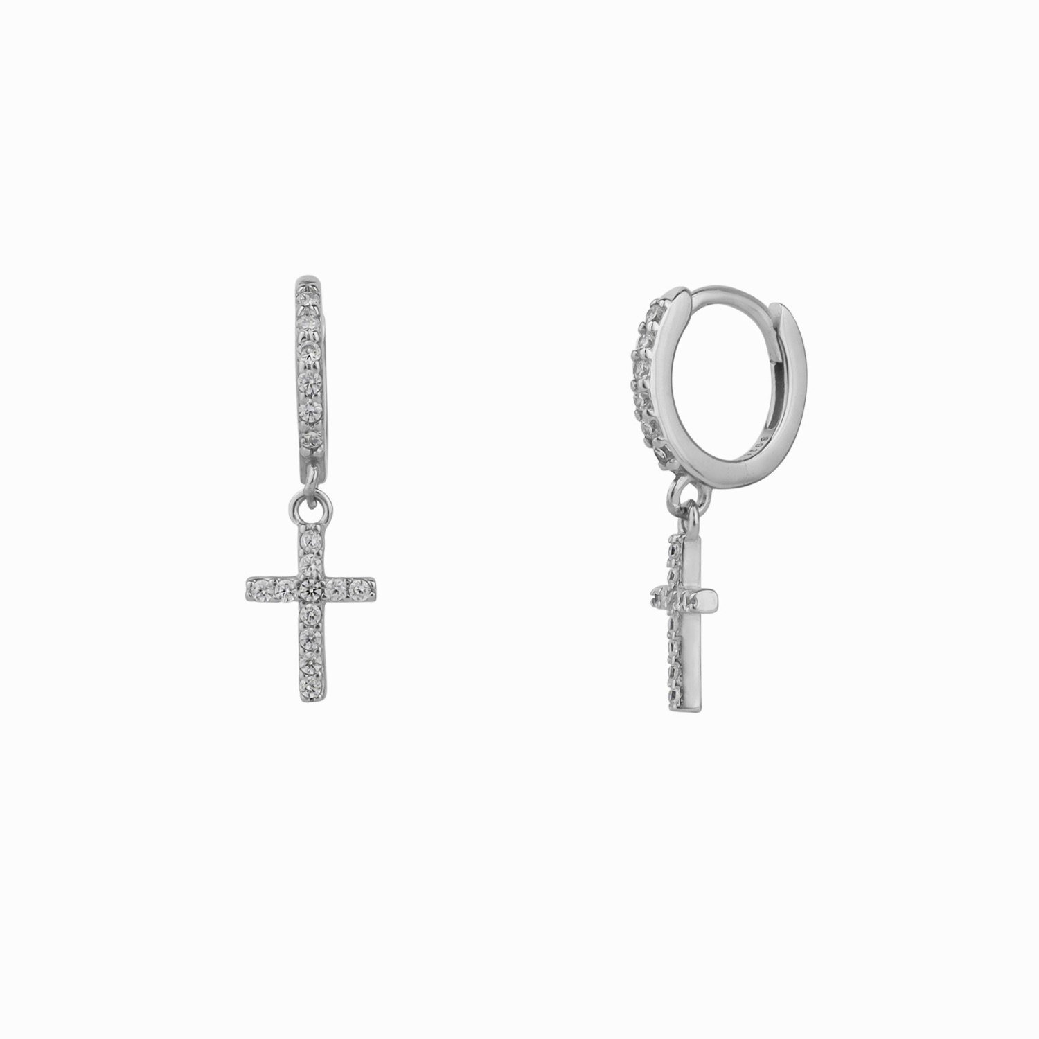 Silver Sterling Silver Huggie Pave Cross Drop Earring, Image 1 of 1