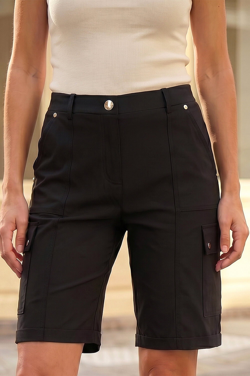 Black Cargo Pocket Stretch Shorts, Image 5 of 4