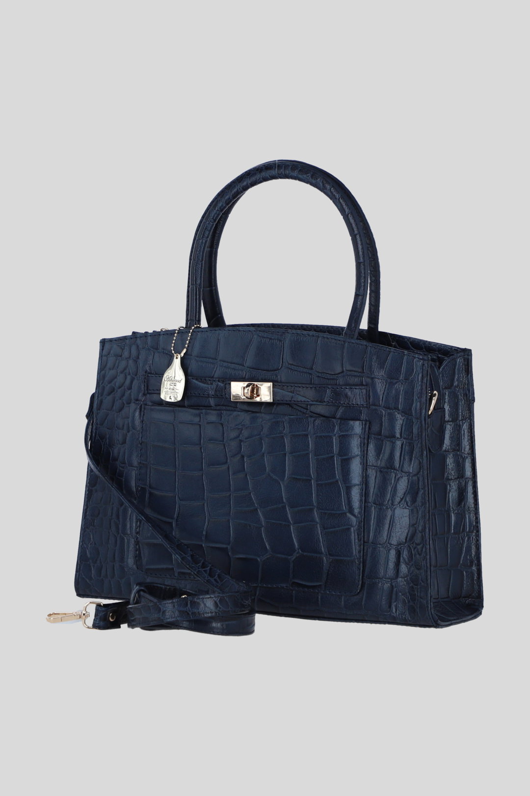 Navy Real Leather Structured Handbag with Detachable Strap, Image 2 of 4