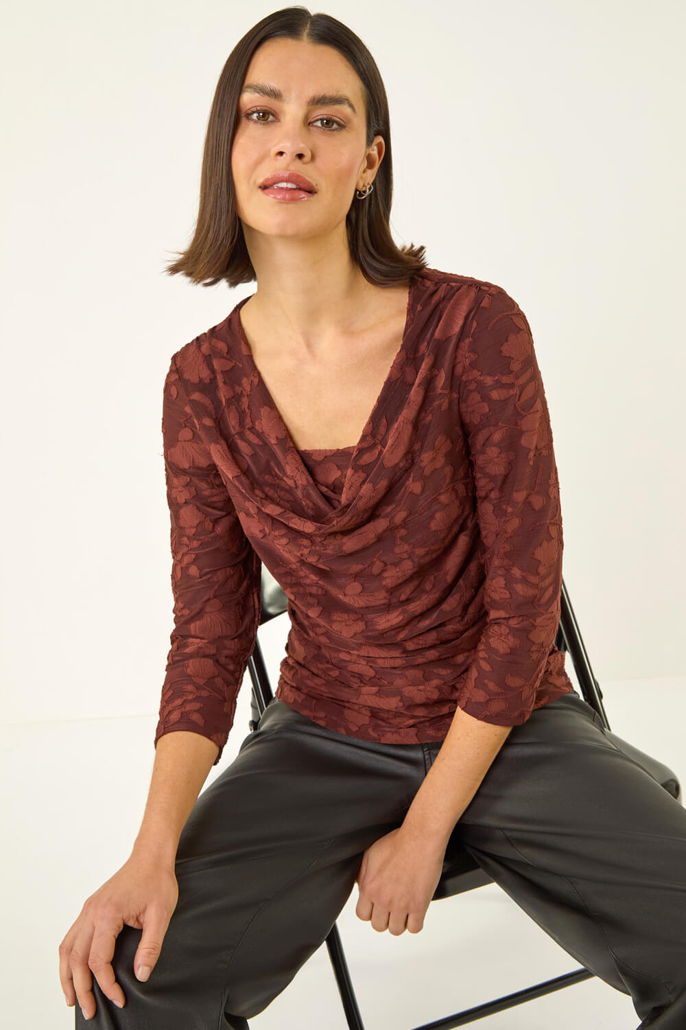 Chocolate Cowl Neck Jacquard Stretch Top, Image 1 of 5