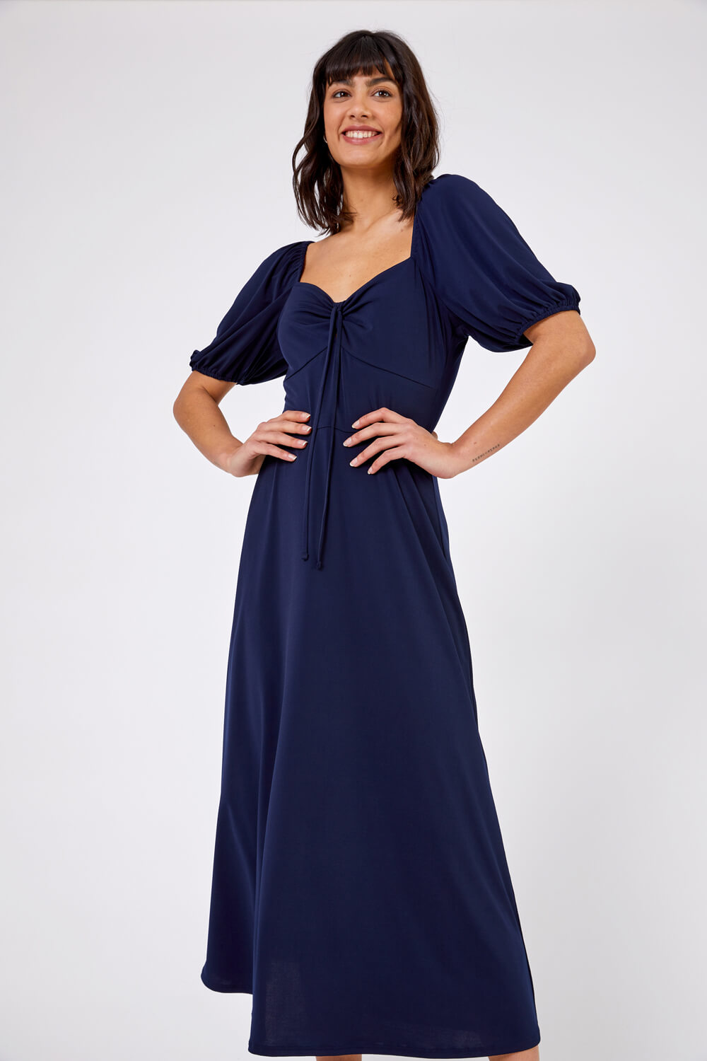 Navy Ruched Jersey Tie Detail Midi Dress, Image 5 of 4
