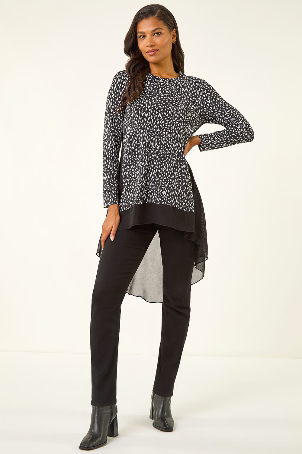 Black Spot Print Chiffon Hem Stretch Top, Image 3 of 5
