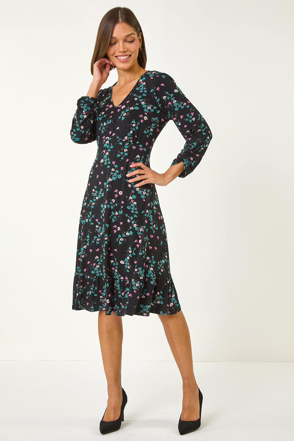 Roman Women's Black Floral Print Button Tea Stretch Dress Size 18