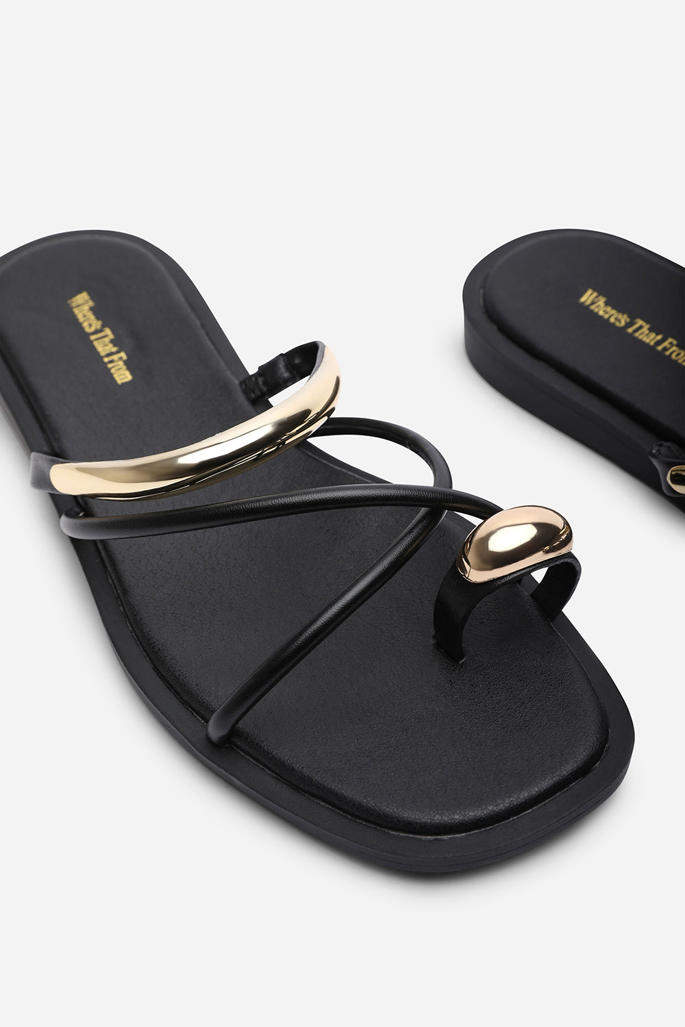 Black Zelina Strappy Metal Toe Loop Slide On Sandal, Image 5 of 6
