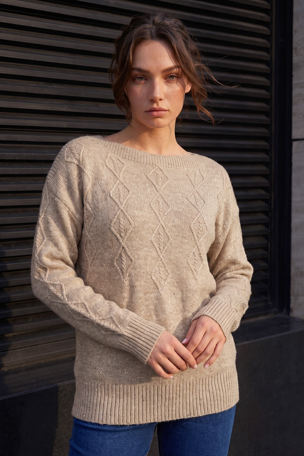 Roman Petite Women's Beige Knit Sequin Jumper Size 12