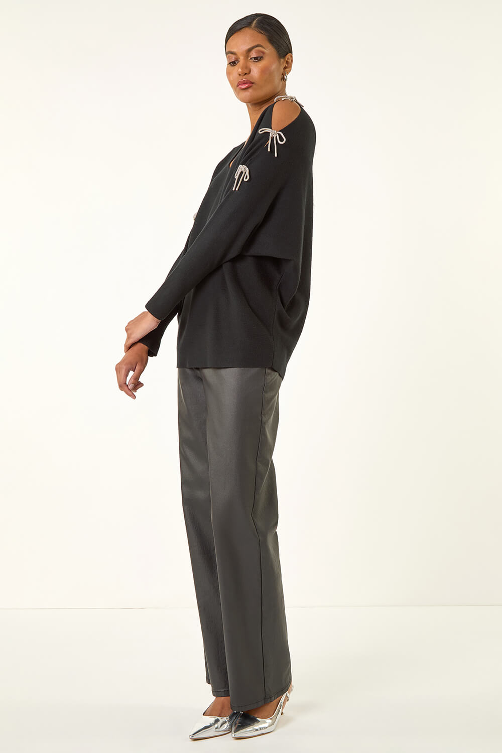 Black Bow Sleeve V-Neck Knit Jumper, Image 3 of 5