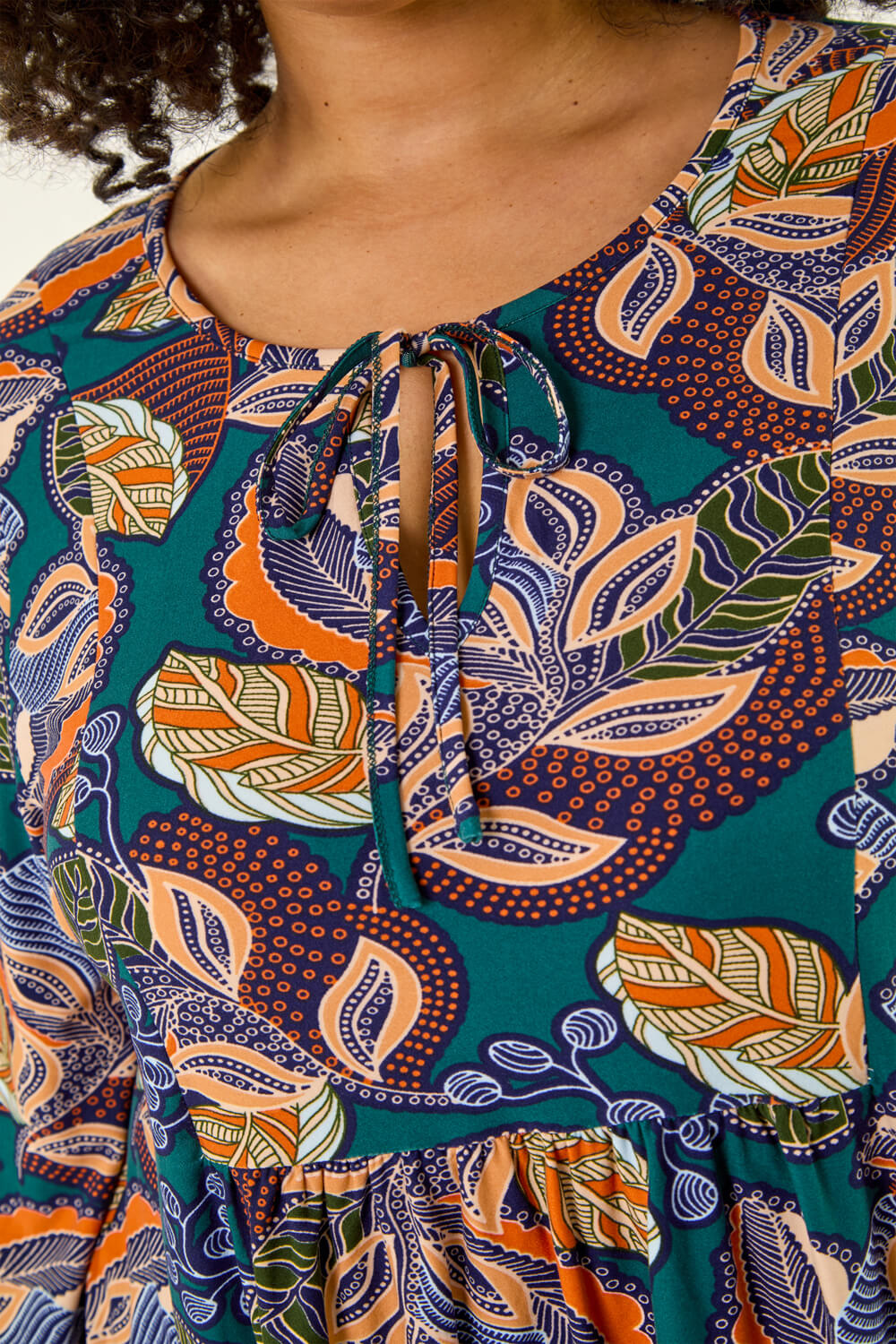 Teal Curve Floral Gathered Tie Front Top, Image 7 of 7