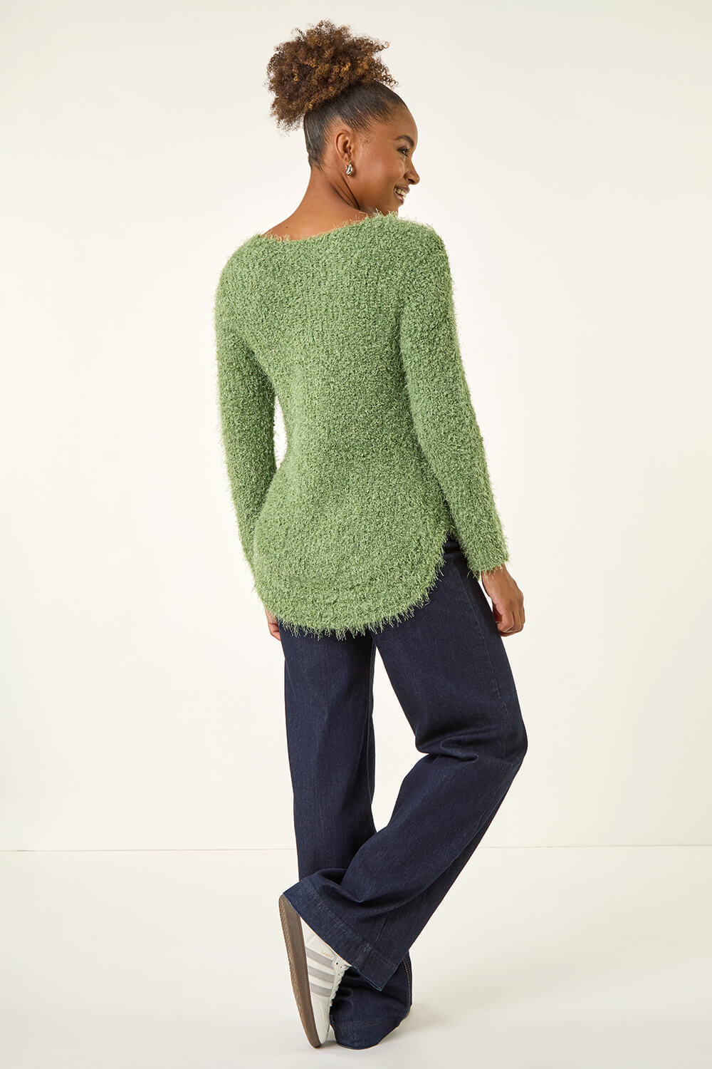Green Fluffy Knit Curved Hem Knit Jumper, Image 4 of 5
