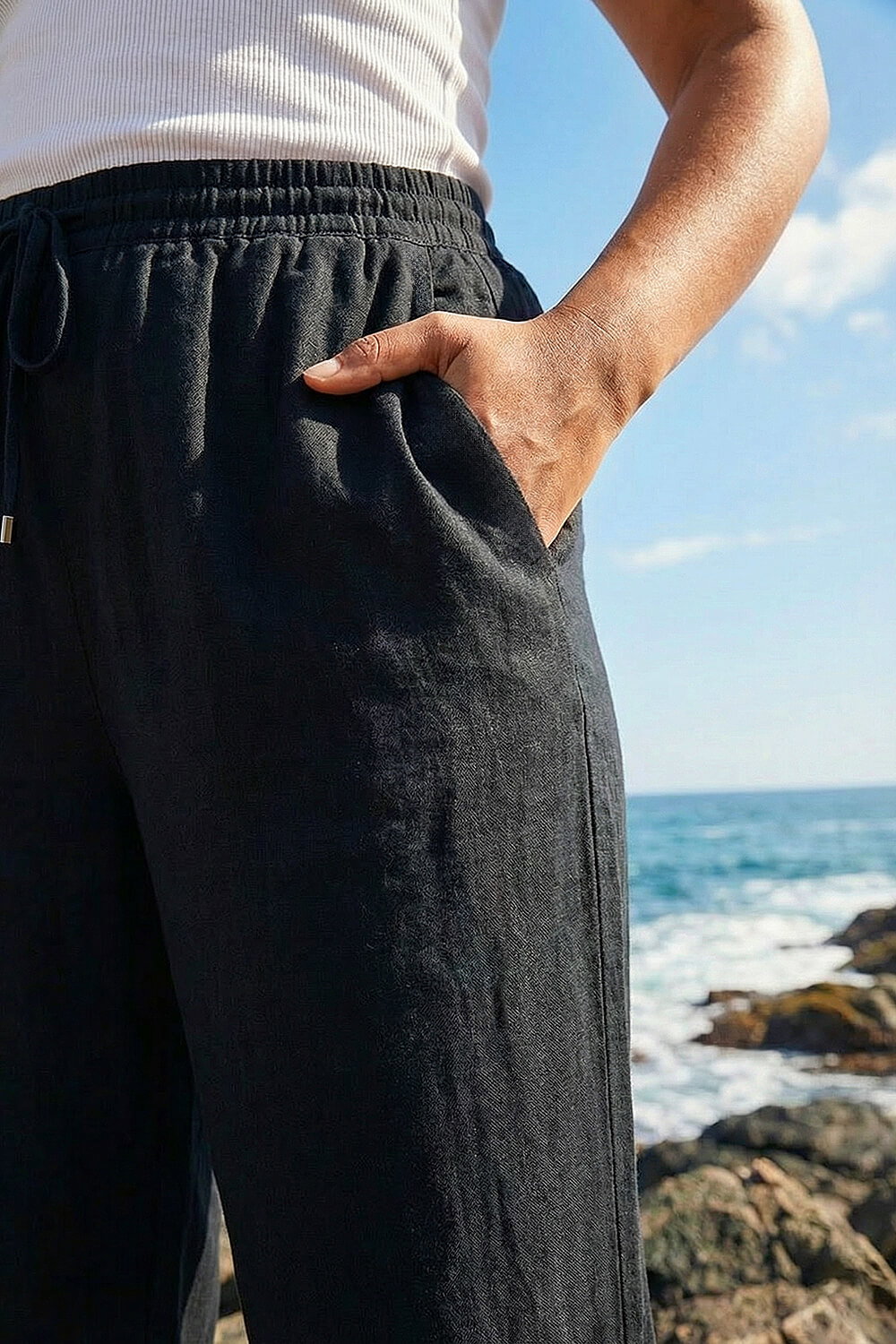 Black Curve Linen Blend Cropped Trousers, Image 5 of 4